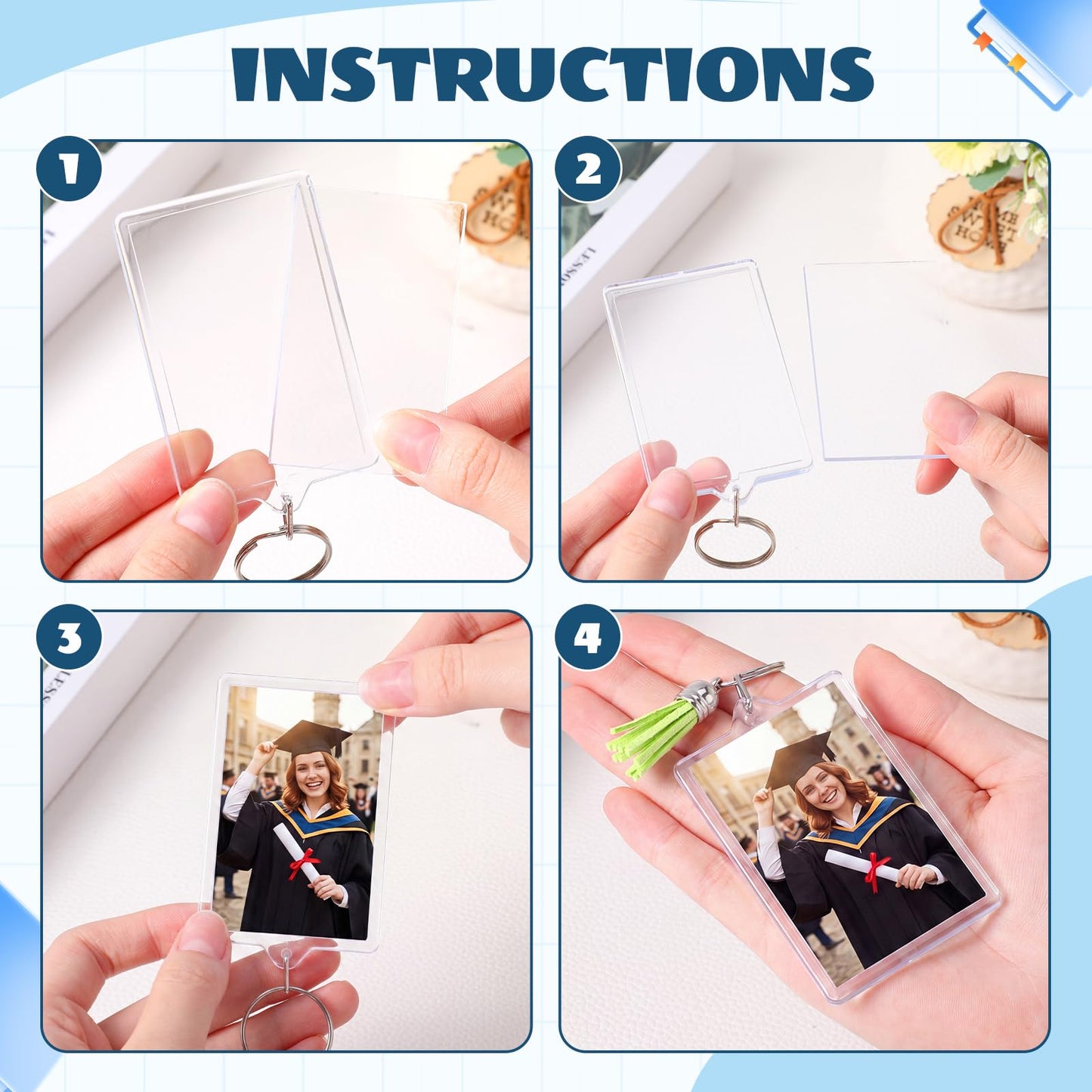 Chuangdi 25 Pack Large Acrylic Photo Keychains with Tassels 3x2.2 inch Custom Picture Frame Keyring for DIY Making Supplies