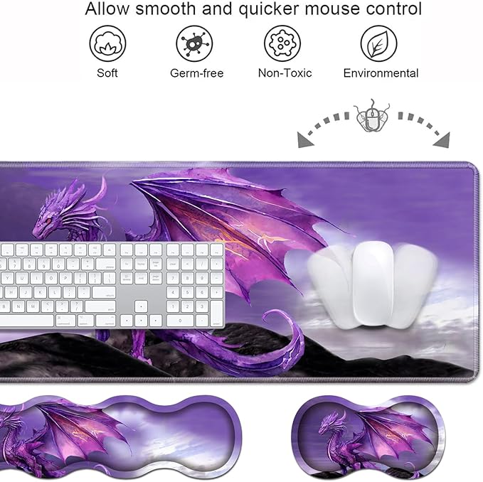 Ergonomic Keyboard Wrist Rest & Mouse Pad Wrist Rest Set, Large XXL Gaming Desk Mat 31.5"x 11.8" with Memory Foam, Easy Typing Pain Relief for Office & Home, Purple Dragon