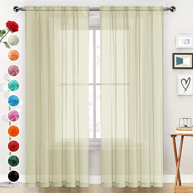 SpaceDresser Basic Rod Pocket Sheer Voile Window Curtain Panels Sage Green 1 Pair 2 Panels 52 Width 63 Inch Long for Kitchen Bedroom Children Living Room Yard（Sage Green, 52W x 63L）