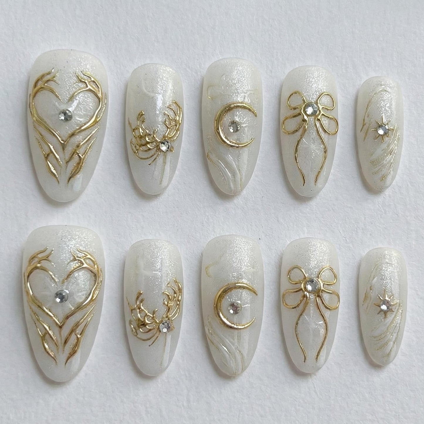 IMRAIN Handmade Press on Nails - Milky White Jelly with Gold Foil Luxury Art - 10Pcs Almond Shape Simple Elegant Minimalist Marbling Nails(m)