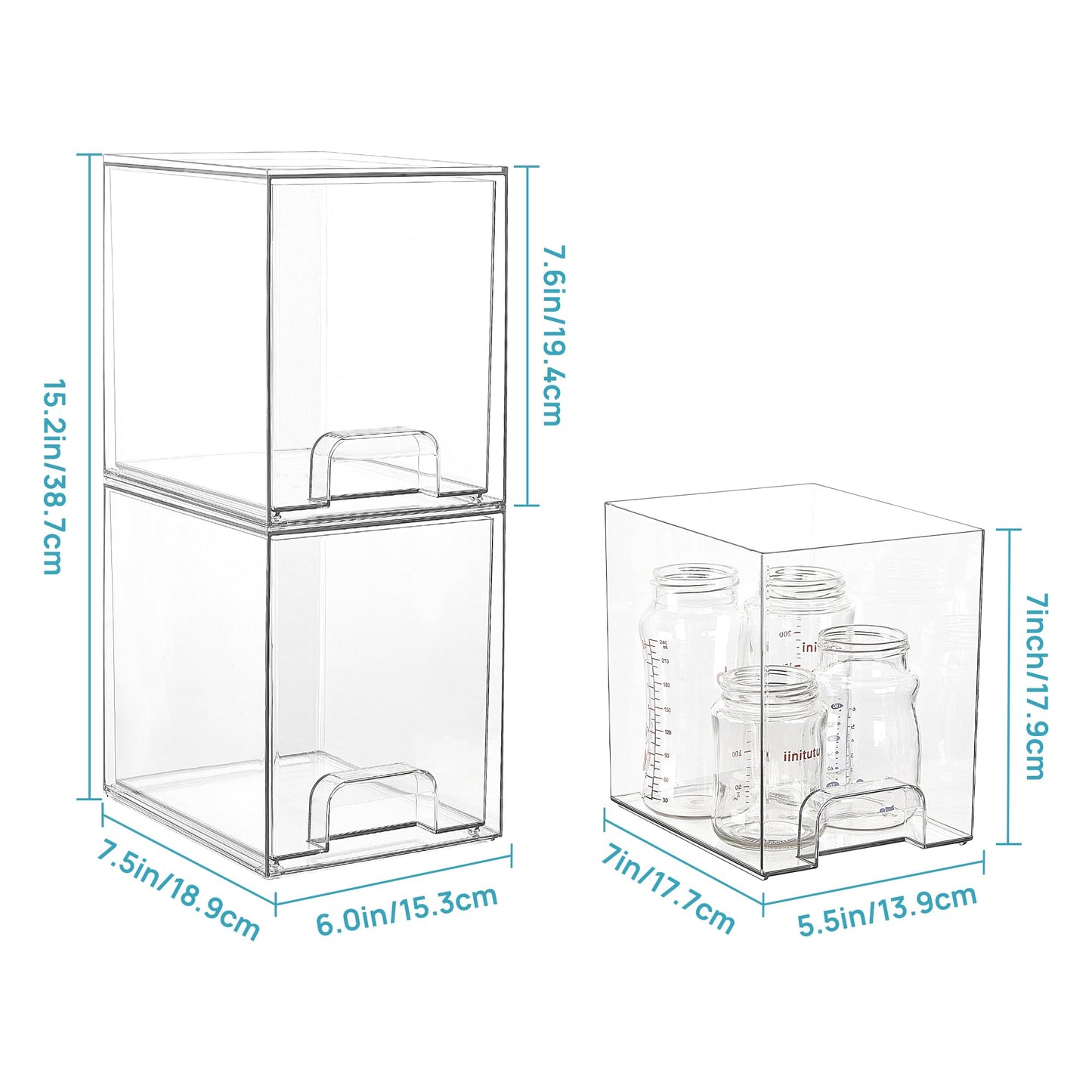 Vtopmart 7.6" H Clear Stackable Storage Drawers, 4 Pack Plastic Organizers Bins for Skincare, Cosmetics,Beauty Supplies,Ideal for Vanity, Bathroom,Kitchen Countertop,Cabinet Organization