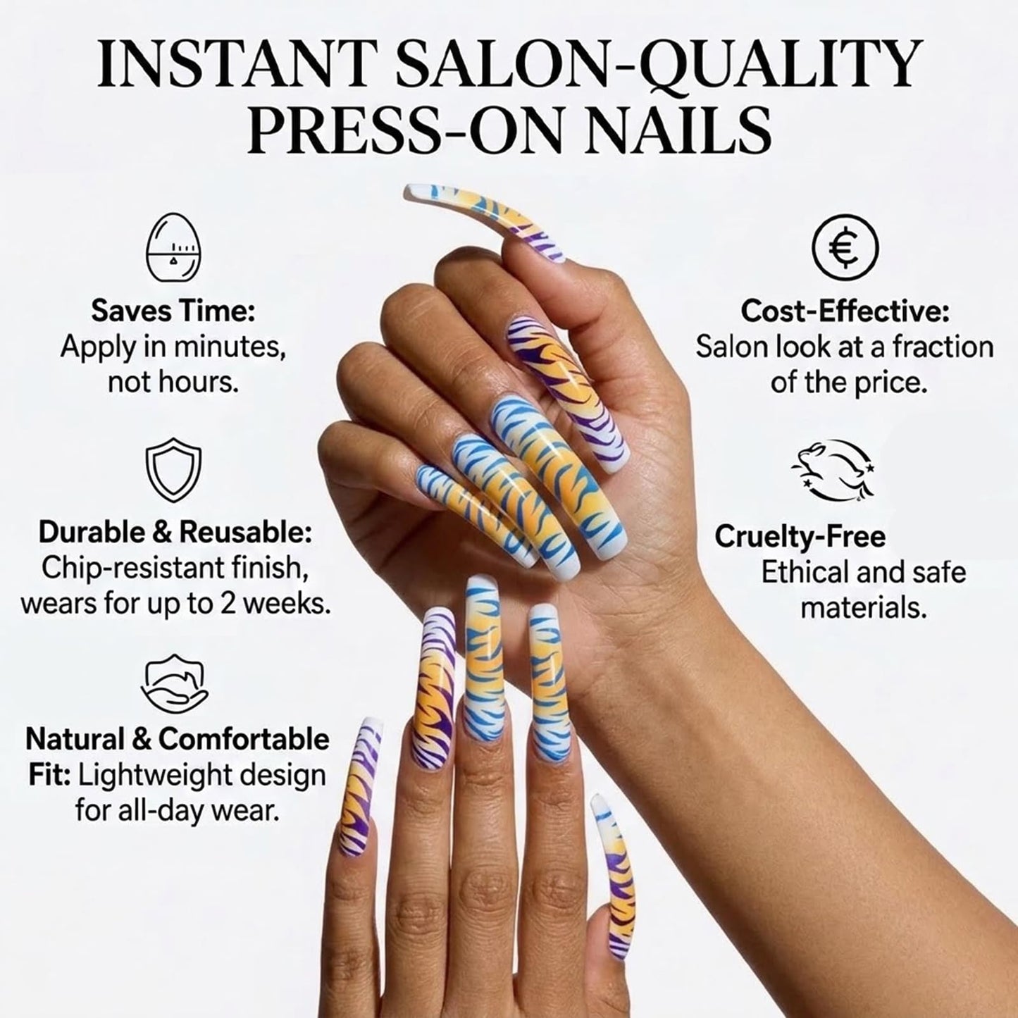 IMSOHOT Long Curved Press on Nails, Square Tiger Stripe Fake Tips with Glue, 20Pcs Full Cover Colorful Animal Print, Ombre Aesthetic Acrylic Glue-ons