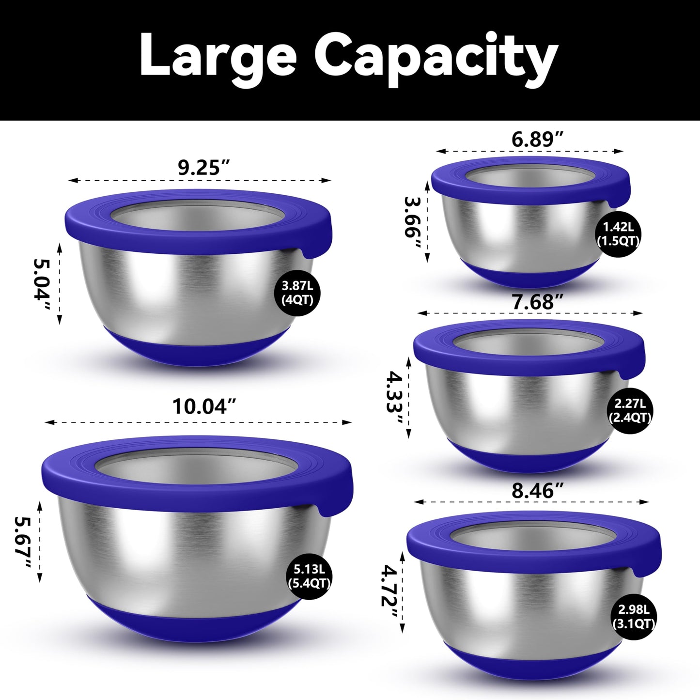 KITEISCAT Stainless Steel Mixing Bowls with Lids – Set of 5 Large Nesting Metal Bowls for Kitchen, Baking, Cooking, Food Prep & Storage, Non-Slip Base, Dishwasher Safe,Blue