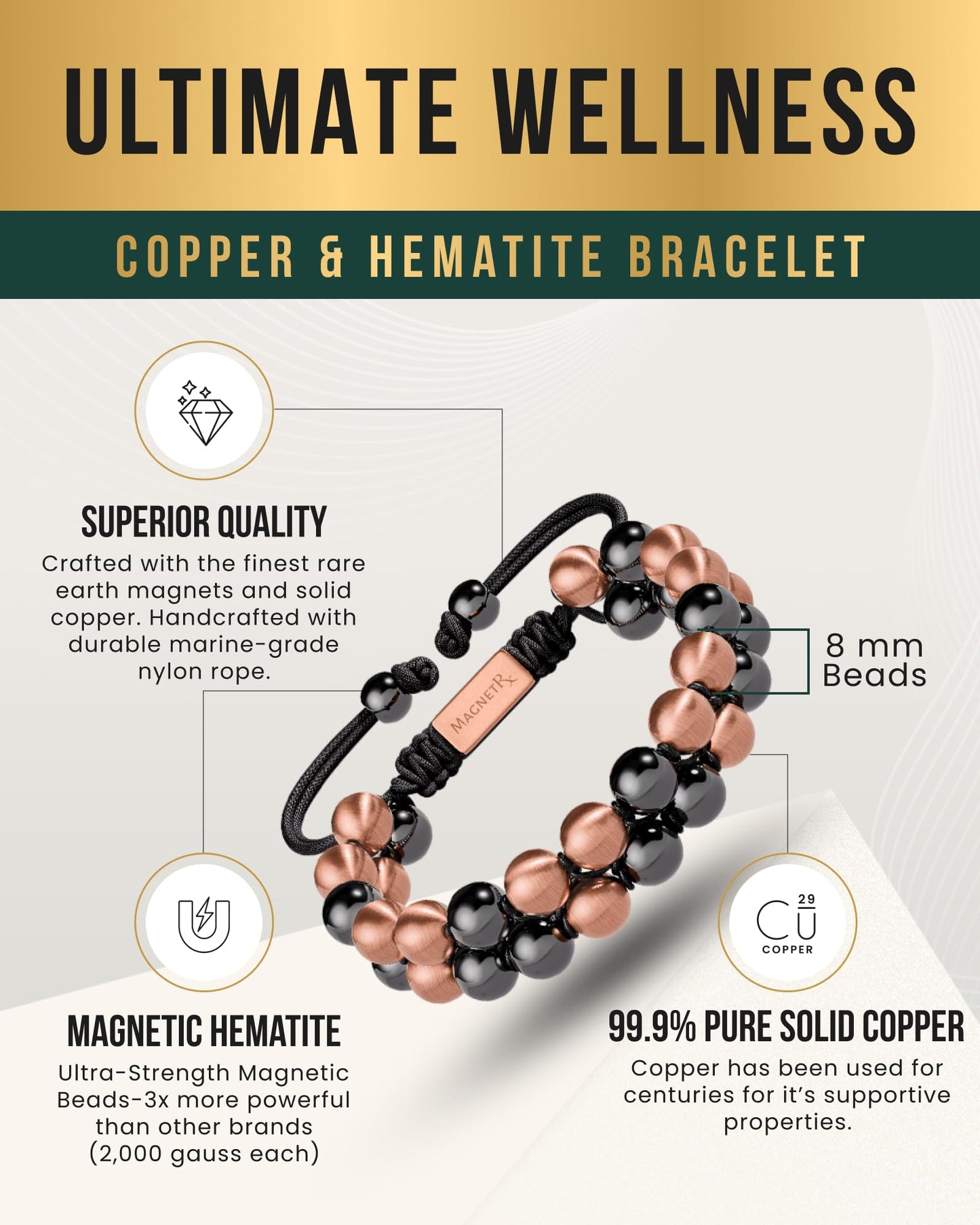 MagnetRX® Magnetic Bracelets for Men & Women – MAX Strength Magnetic Hematite & Copper Bracelet with 8mm Solid Copper Beads (Double Copper)