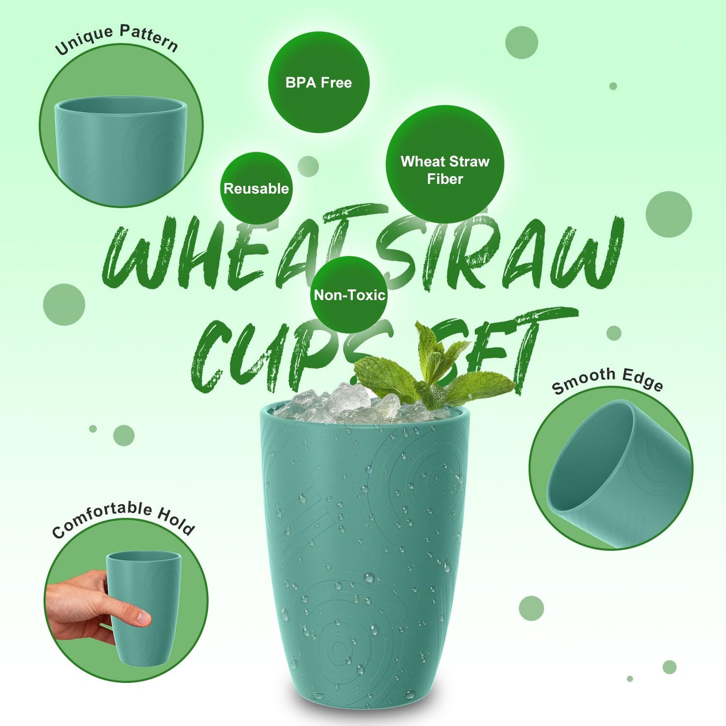 Perlapoc Reusable Wheat Straw Cups 6 PCS, Unbreakable 16 OZ Plastic Cup Alternative, Dishwasher Safe Drinking Glasses for Indoor & Outdoor Use, Green