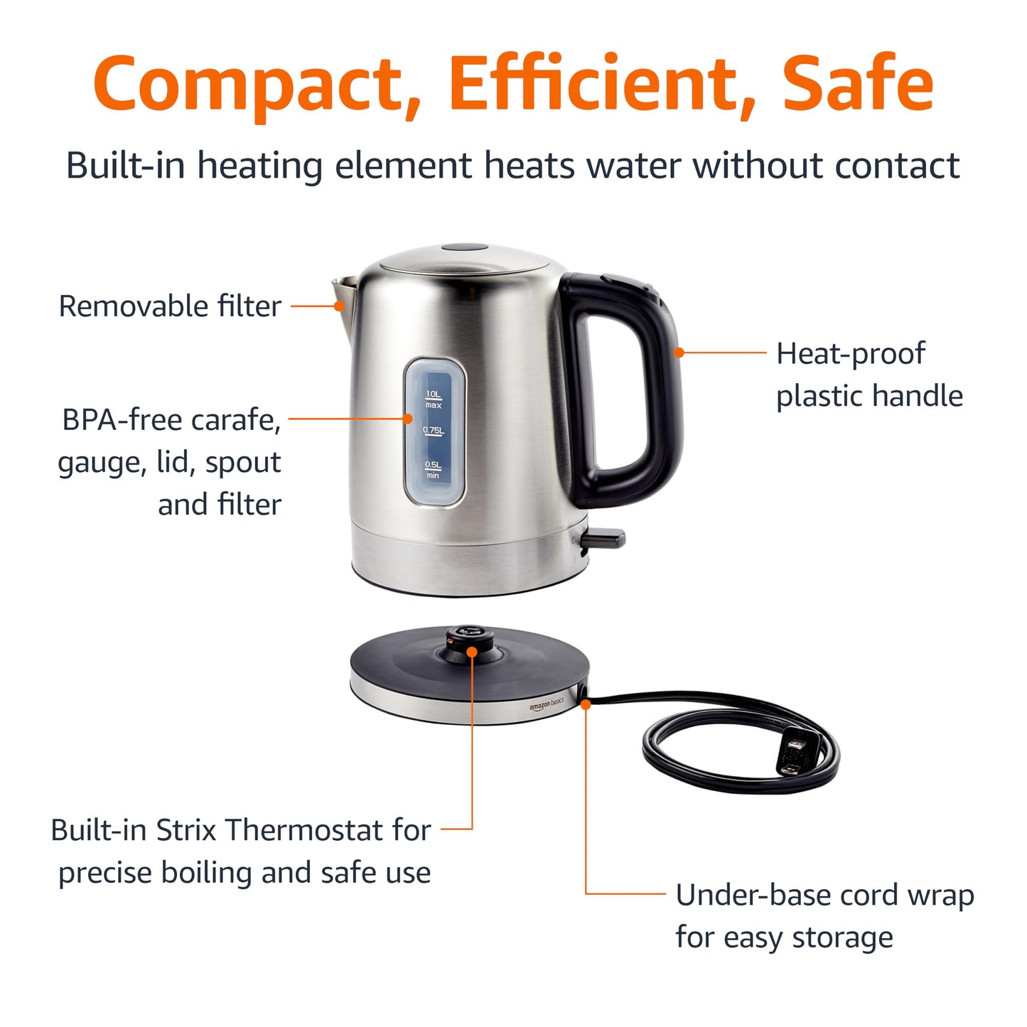 Amazon Basics Electric Stainless Steel Kettle for Tea and Coffee, BPA-Free, Fast Boiling, Auto Shut-Off, 1 Liter, 1500W, Black and Silver