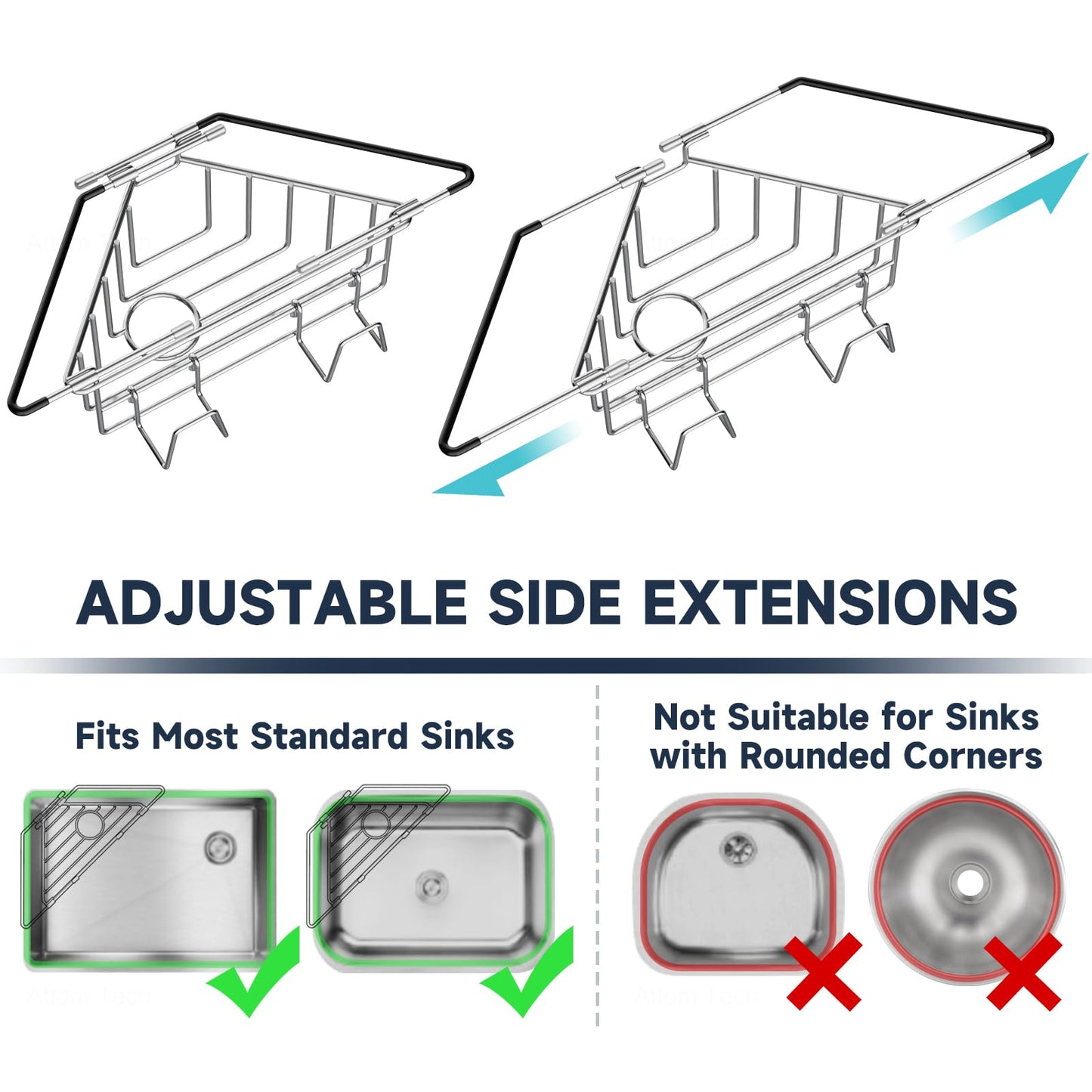 NiHome Extendable Arm Stainless Steel Kitchen Sink Corner Caddy, Easy Install Space-Saving Adjustable Sponge Holder, Non-Slip Rust-Resistant for Brushes, Soap, Sponges (Silver)