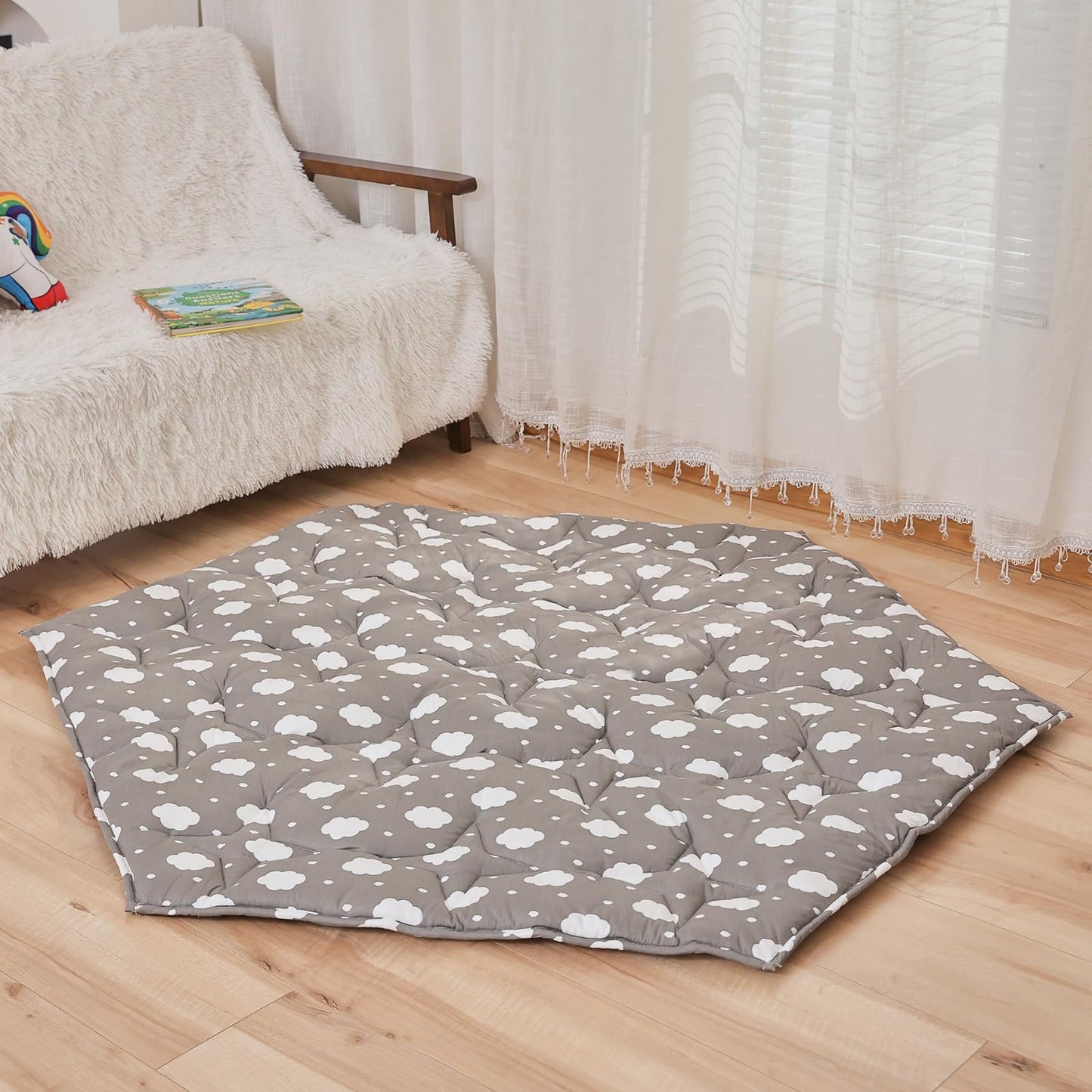 Hexagon Baby Play Mat for Floor,51"×59" Thicken Ultra Soft Playmat, Washable 6 Panel Playpen Mat Non-Slip Crawling Mat for Babies Floor Tummy time(Cloud)