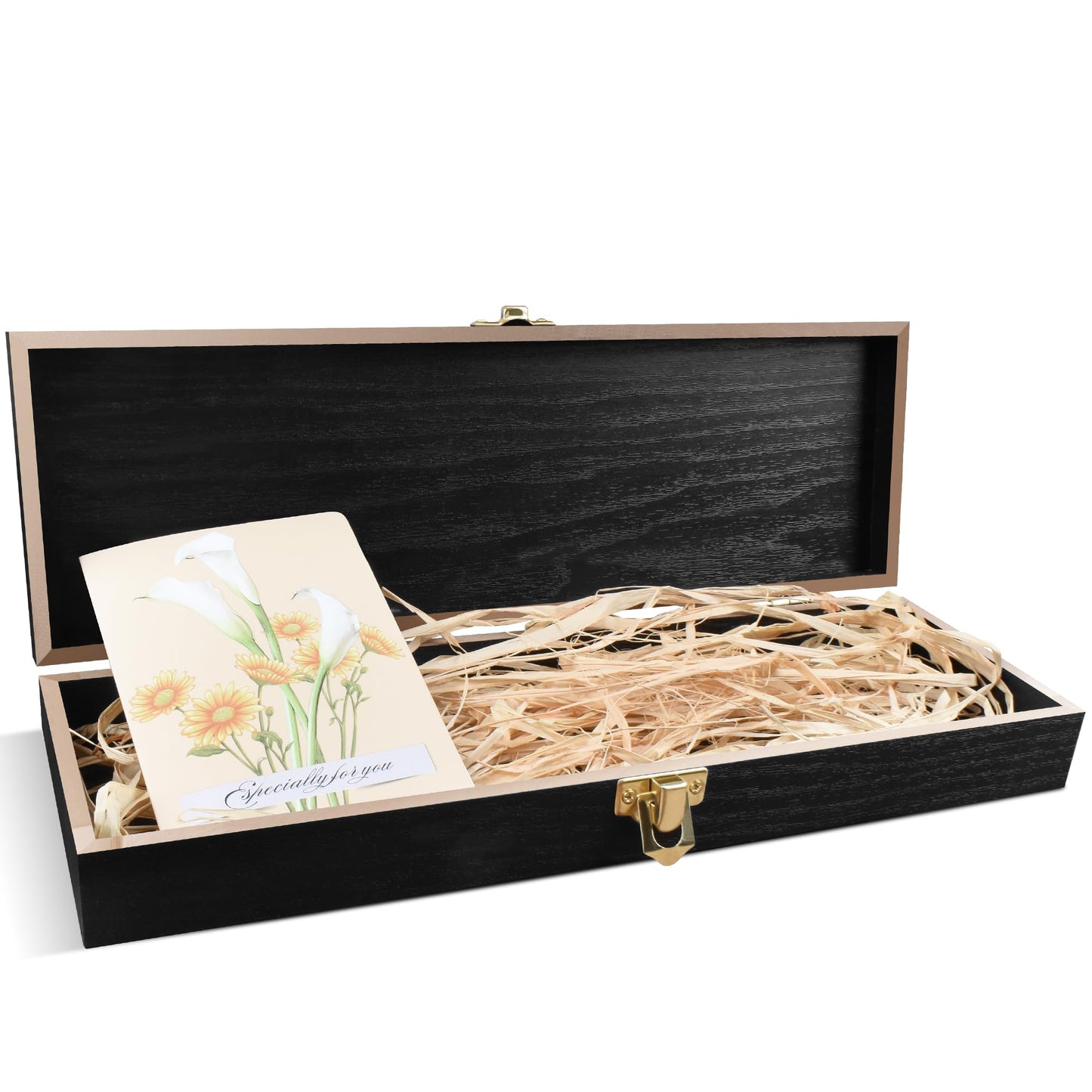 XYJ Wooden Storage Box with Lid, Dried Raffia Decor, Greeting Card, Rectangular Gift Box, Wood Container Decorative Boxes for Knives, DIY Crafts, Home Deocration, Jewelry