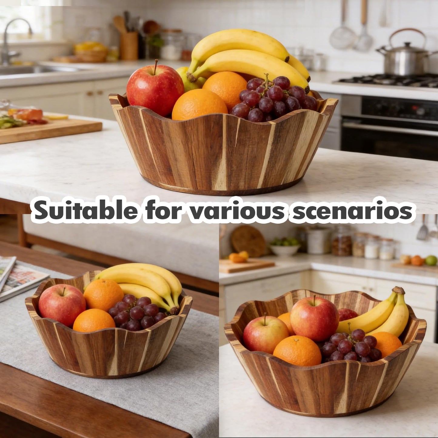 JIANXINGHOOM Wooden Fruit Bowl Large Serving Bowl for Kitchen Counter Ideal for Fruit Salad Mixing Snacks Desserts and Bread
