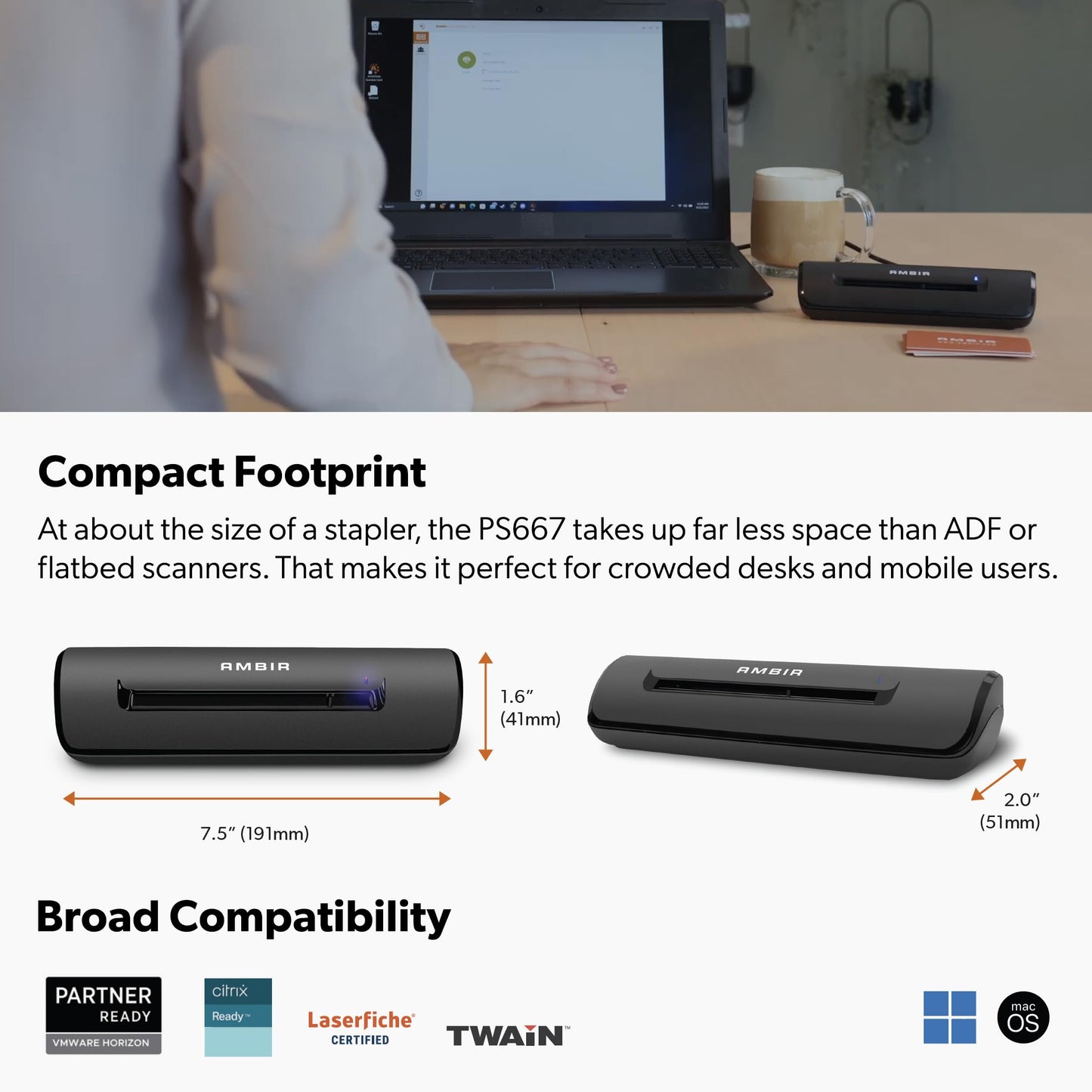 Ambir ImageScan Pro 667 Business Card Scanner with AmbirScan Business Card for Windows PC and MAC
