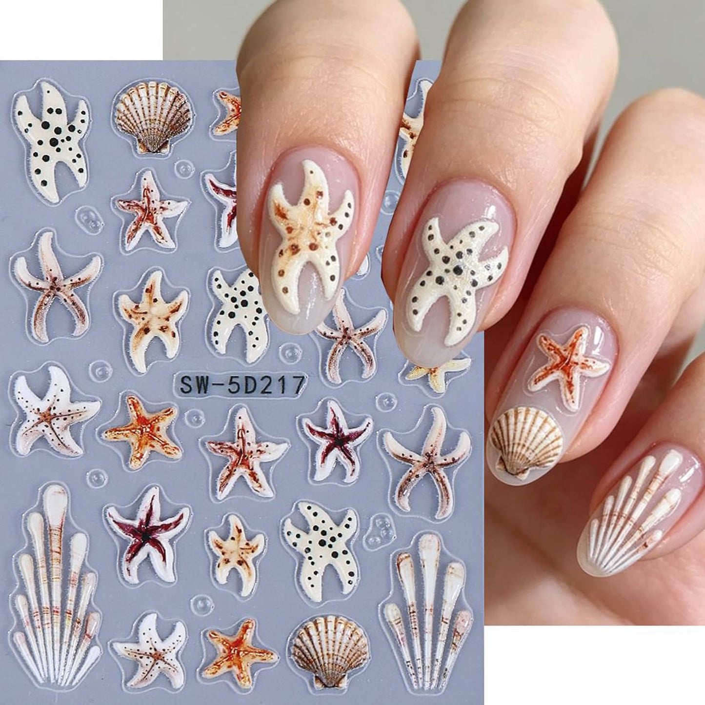 5D Flower Nail Stickers for Nail Art - Self-Adhesive 3D Embossed Floral Nail Decals with Starfish Shell & Bow Designs, Cute Summer Ocean Nail Stickers for Women DIY Manicure 4 Sheets
