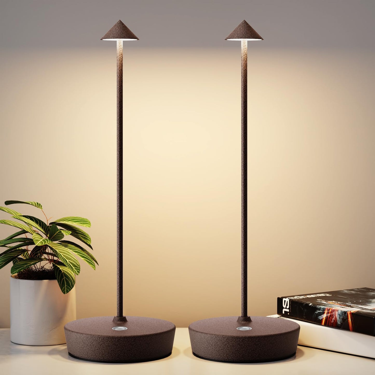 YIBEN 2Pack Rechargeable Cordless Table Lamp, Portable Powered LED Battery 6000mAh Metal USB Desk Lamp, 3 Levels Brightness Light for Restaurants Outdoor (2pack ferruginous)