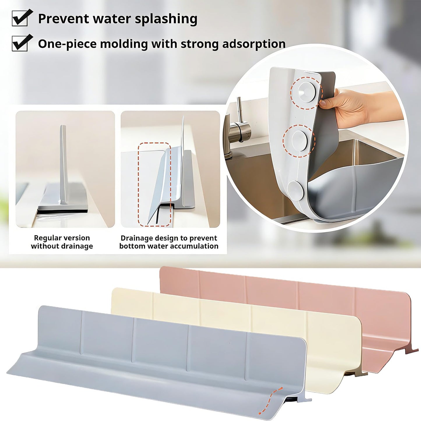 URJWAN Food Grade Silicone Sink Splash Guard (23 Inch), 7 Strong Suction Cups Non-Slip Water Protector, Dishwasher Safe & Cuttable for Kitchen/Bathroom Countertops (Cream)