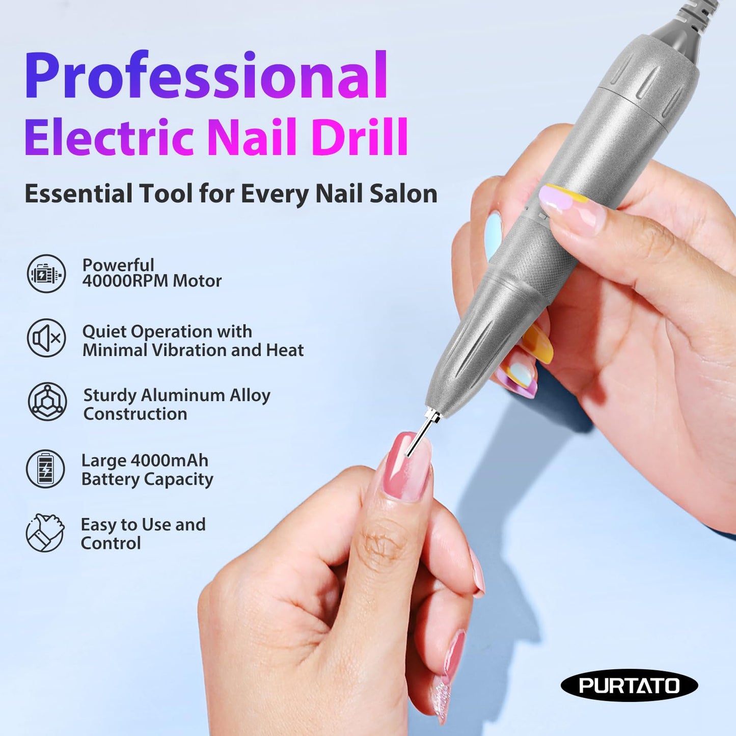 PURTATO Professional Nail Drill 40,000 RPM, Rechargeable,LCD Display E File Machine for Acrylic Nails Gel Polishing Removing Portable Nails Efile Tools for Manicure Salon & Home (Silver)