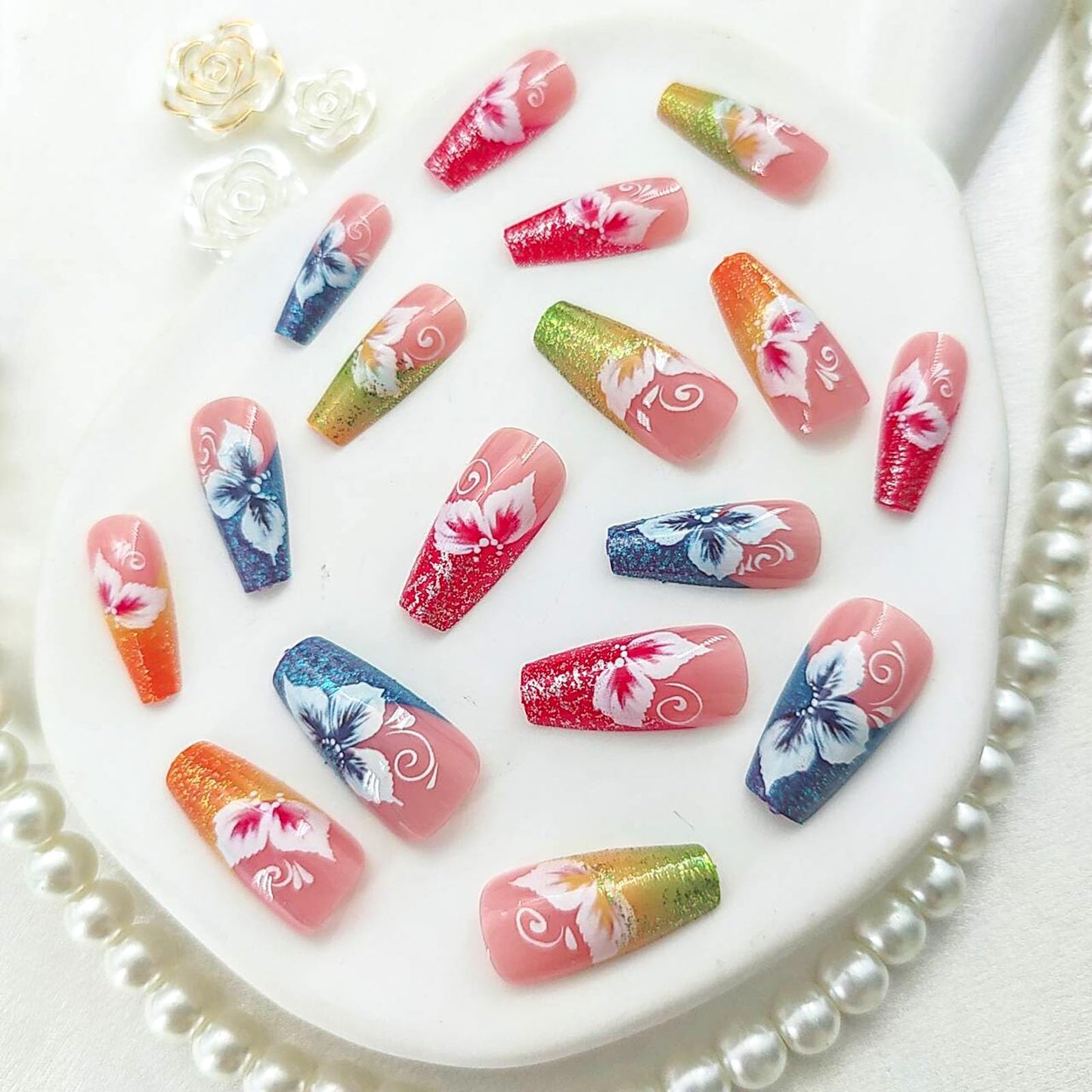 Colorful Press on Nails Coffin Medium Fake Nails with Flower Glitter Designs French Tip Nails Press ons Glossy Glue on Nails Nude False Nails Cute Acrylic Nails Spring Stick on Nails for Women 24Pcs