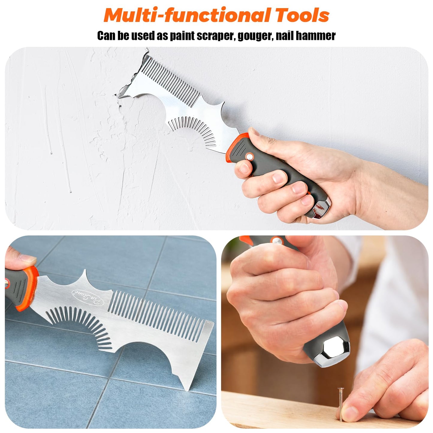 PinStone Paint Brush and Roller Cleaner Tool - Paint Brush Comb, Paint Roller Cleaner, Solvent-Resistant Stainless Steel Blade, Easy Grip Rubber Handle, Putty Knife Scraper, 8-in-1 Painters Tool