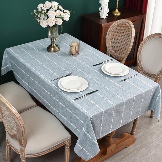 Zobesta Linen Table Cloth Blue Tablecloth Rectangle 86 x 53 Inch, Washable Farmhouse Soft Boho Blue Stripe Tablecloth for Party, Holiday, Picnic, Dining, Outdoor