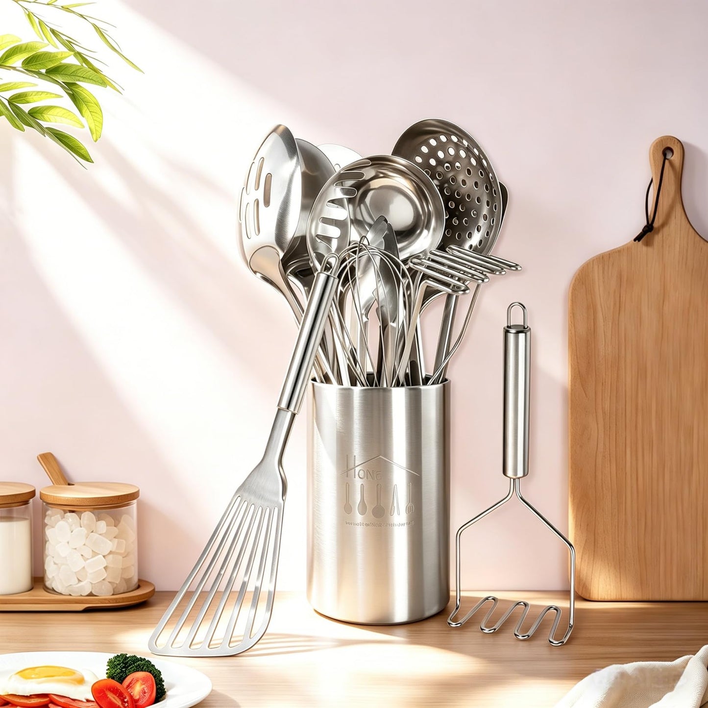 Stainless Steel Kitchen Utensils Set - 12pcs Cooking Utensils Set with Holder, Heat Resistant Kitchen Tool Set for Cooking with Turners, Potato Masher, Spatula, Spoons, Tongs, Whisk