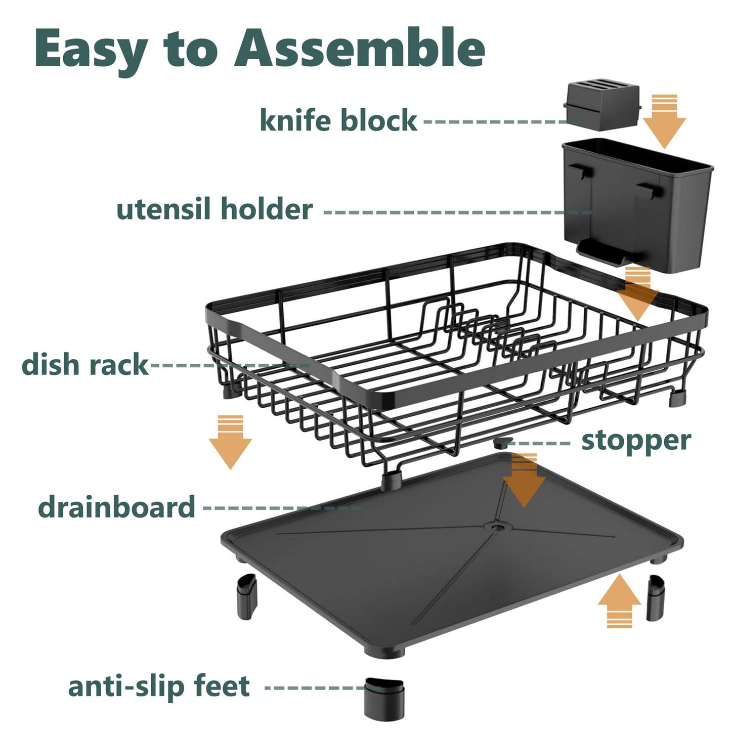 AIDERLY Iron Dish Drying Rack with Drainboard Dish Drainers for Kitchen Counter Extendable Spout Strainers with Utensil Holder and Knife Slots, Black