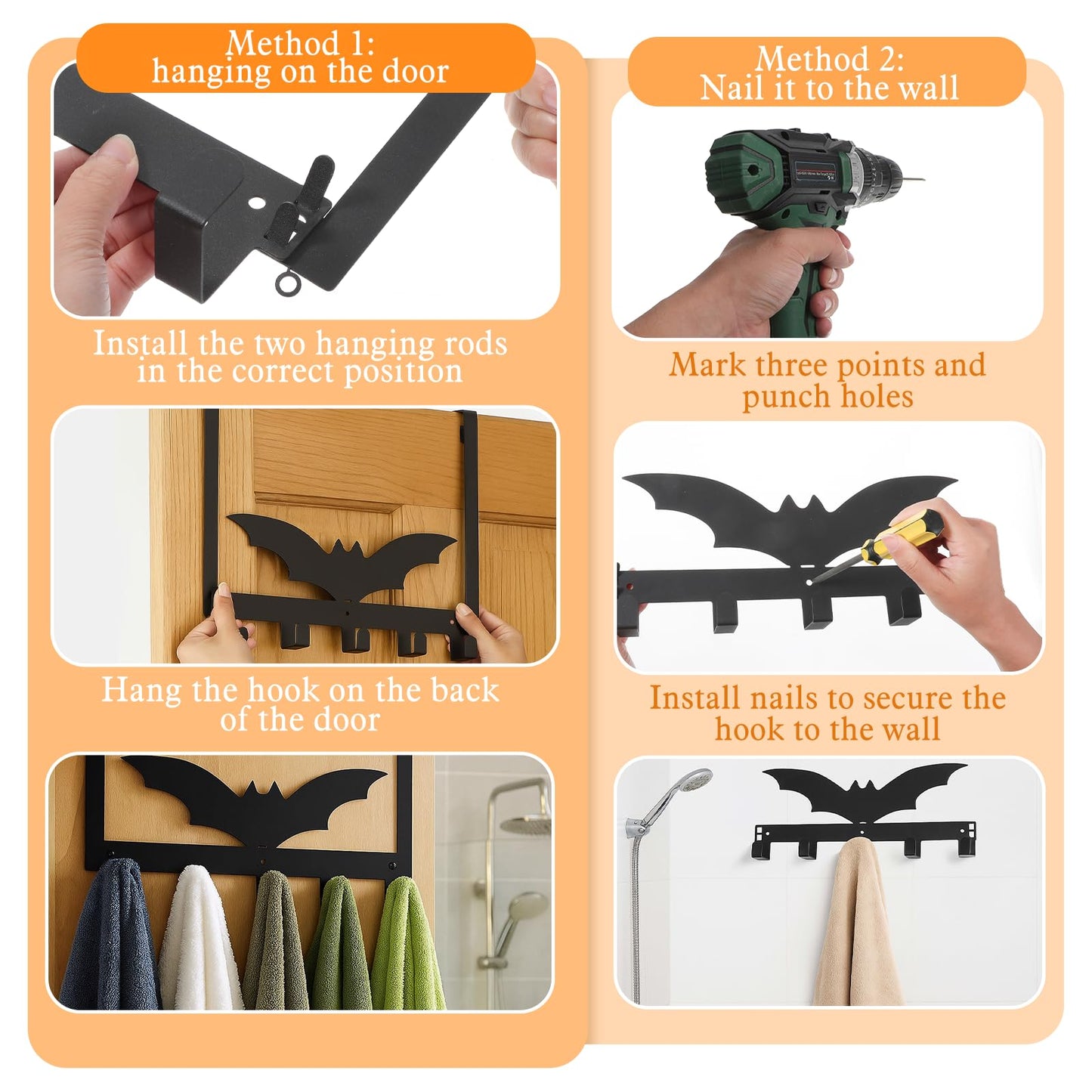AojSup 1 Pc Bat Over The Door Hooks Halloween Gothic Bathroom Decor Hanger Wall Mount Rack Holder for Towel, Hat, Coat, Cloth, Keychain, Bag, Home Organizer