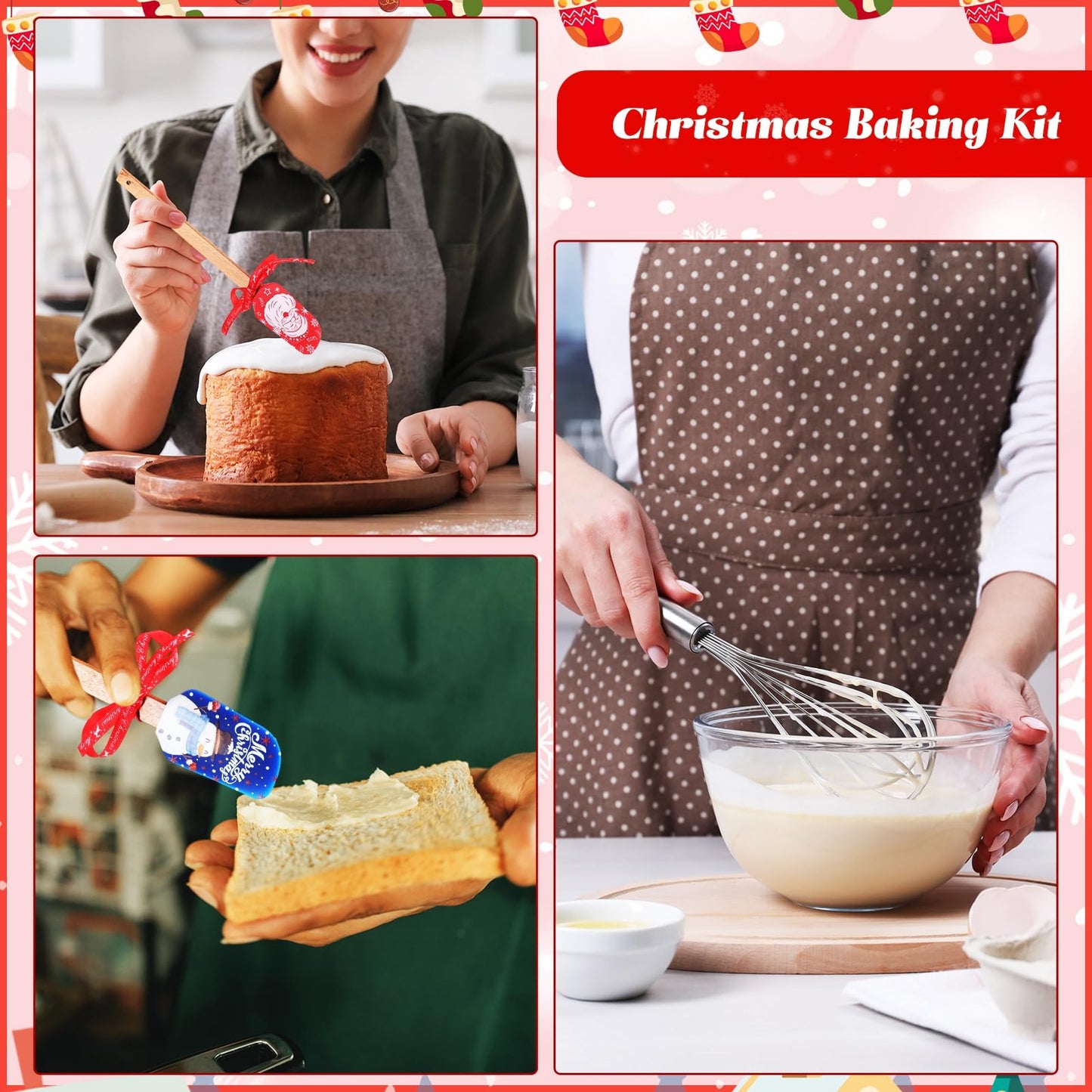 Kritkin 30 Pcs Christmas Kitchen Gift Set Christmas Silicone Spatulas Pot Holders Xmas Cooking Baking Supplies Gift with Pocket Baking Sheet Whisk Spatula for Xmas Party Decor(Retro Style)