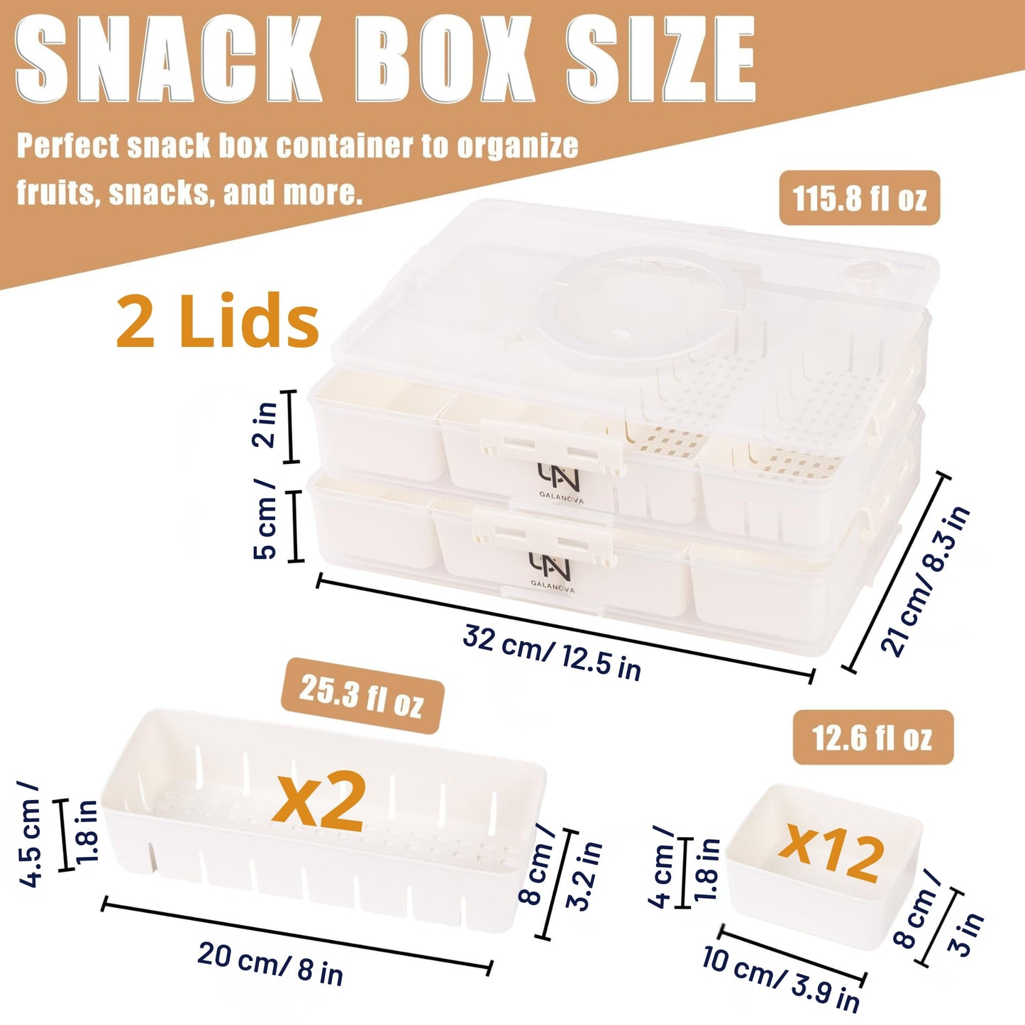 Stackable Snackle Box Container with 2 Lids, 14 Compartments - BPA-Free Snackle box Organizer, Dishwasher & Microwave Safe Reusable Snacklebox for Veggies, Fruits, Charcuterie, Snacks (White, 2 Pack)