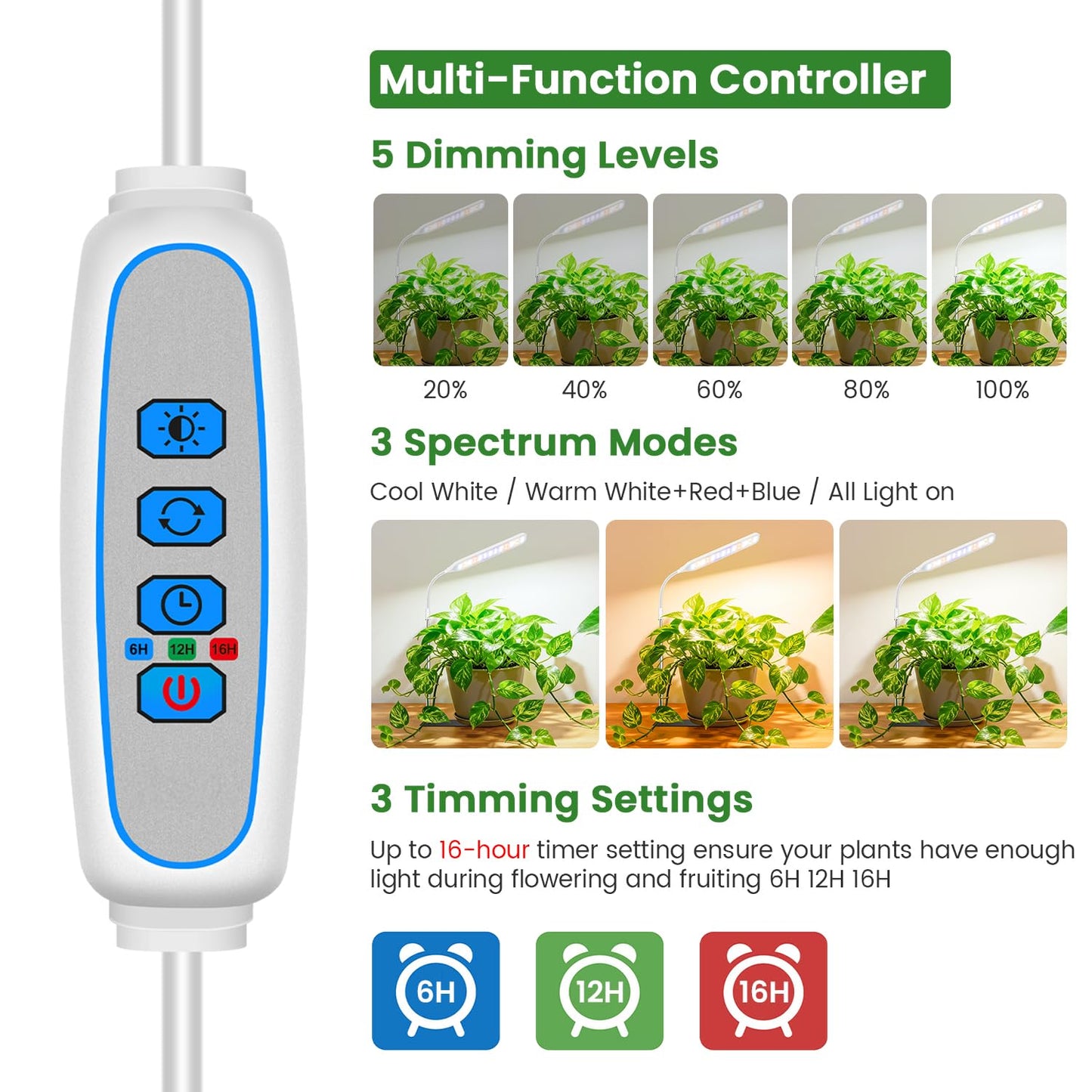 Wolezek Grow Lights for Indoor Plants, 52 LEDs Full Spectrum Plant Grow Light with Base, Height Adjustable Grow Lamp with Auto Timer 6/12/16H, 5 Dimmable Brightness, for Small Plants, White, 1-Pack