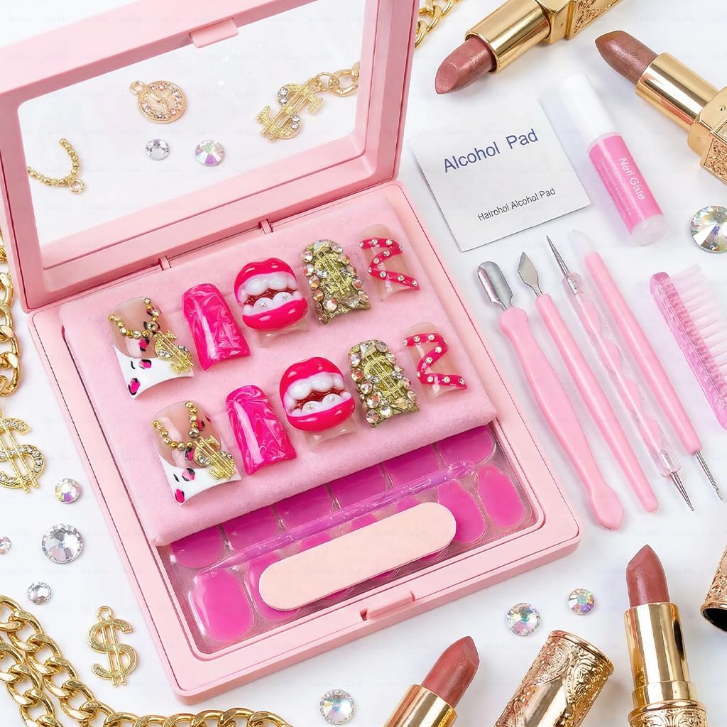 IntoVibes 10 Pieces Luxury Acrylic Press On Nails Short Handmade Duck Nails, Pink Thickened False French Nails, Exaggerated Red Lips And The Dollar Sign, Reusable Fake Nails, Acrylic Nails (L)