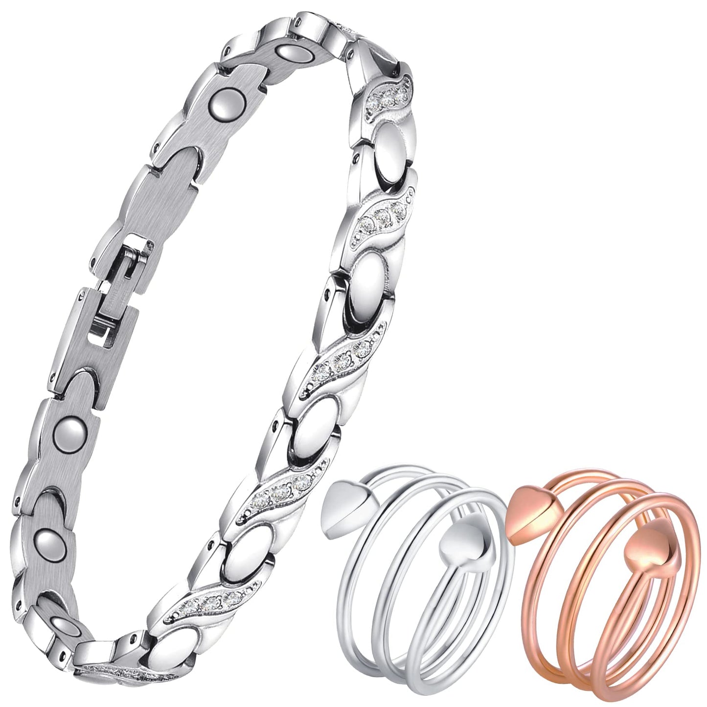 Feraco Magnetic Bracelet Ring for Women Titanium Steel Magnetic Bracelet with Magnets Sparkling Crystals