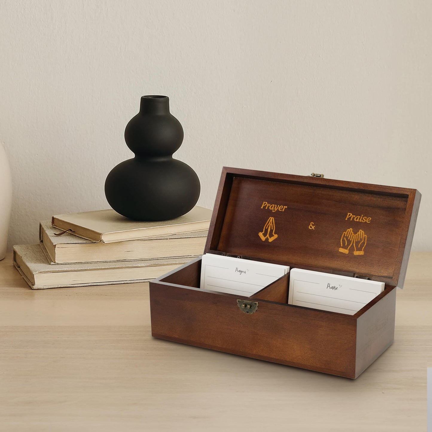 Prayer Box – Acacia Wood & Metal, Engraved “Give it to God,” Includes Prayer & Praise Cards, Decorative Religious Gift