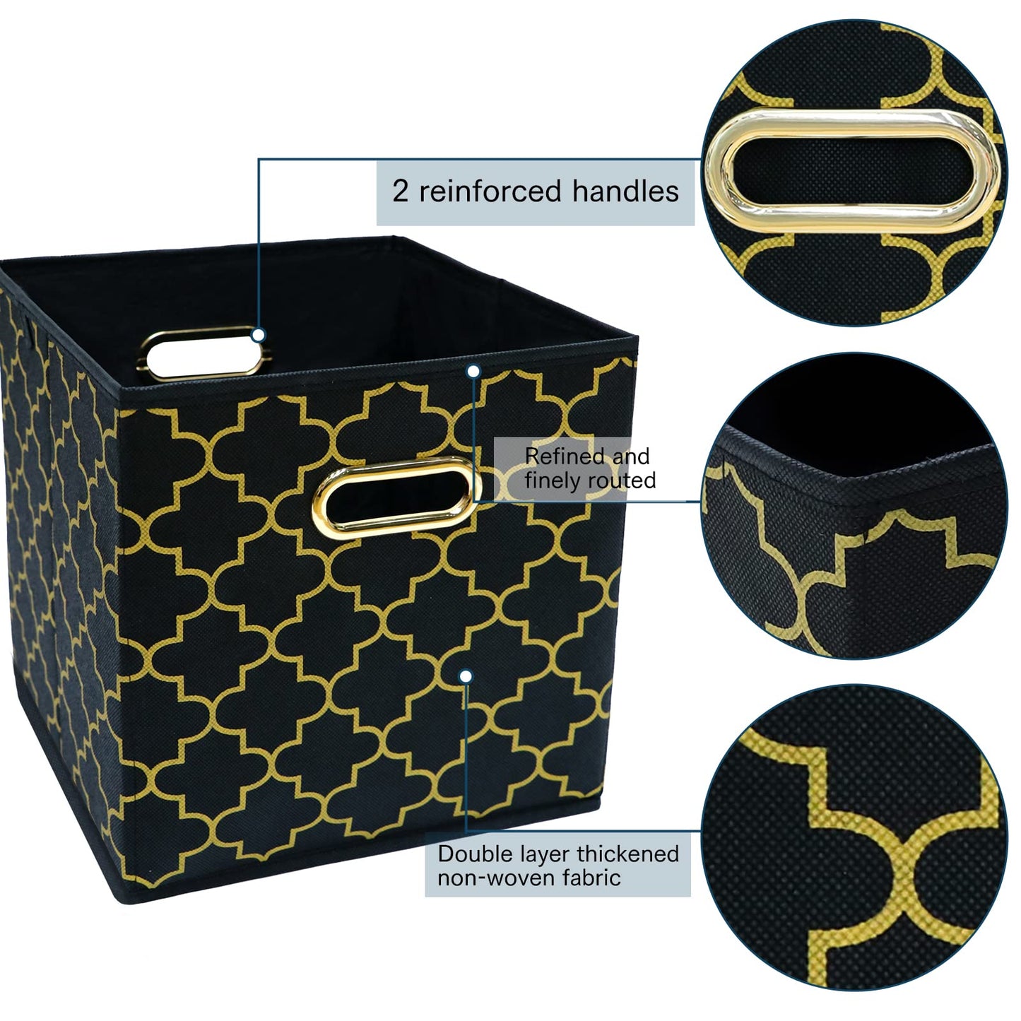Yunkeeper Fabric storage bins Cubes, Fabric Cube Organizer with Handle, Foldable Cube Bins for Cloth or Accessary Storage, 11x11x11, Set of 3, (Black Gold)