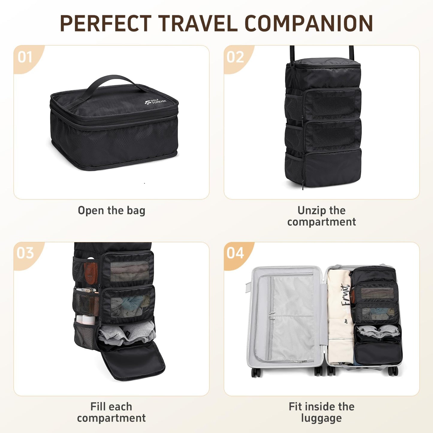 GOLF QUALITY Multi-layer storage bag Casual simple Luggage Packing Organizer with Hook,Clothing Underwear Bag,Carry On Closet,Classic black