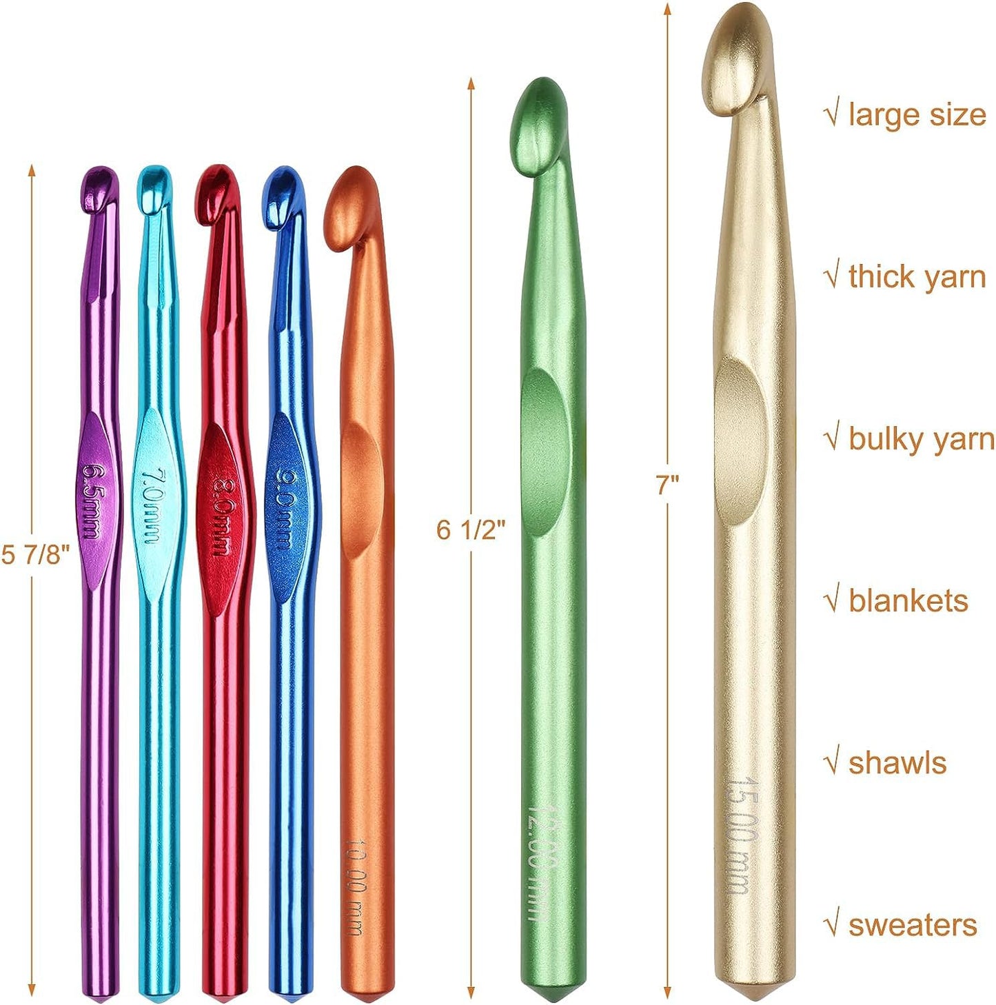 Aeelike Large Aluminum Crochet Hooks Huge Metal Crochet Hook Set - Crochet Needles for Thick Bulky Yarn Blankets - Beginners Big Crochet Set Size 6.5mm 7mm 8mm 9mm 10mm 12mm 15mm