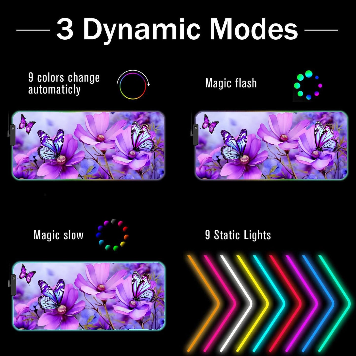 Bosness RGB Gaming Mouse Pad and Coffee Coaster, XXL Large Glowing LED Mousepad, Anti-Slip Rubber Base, Computer Keyboard Desk Mouse Mat 31.5 X 11.8 Inch - Purple Flowers and Butterfly