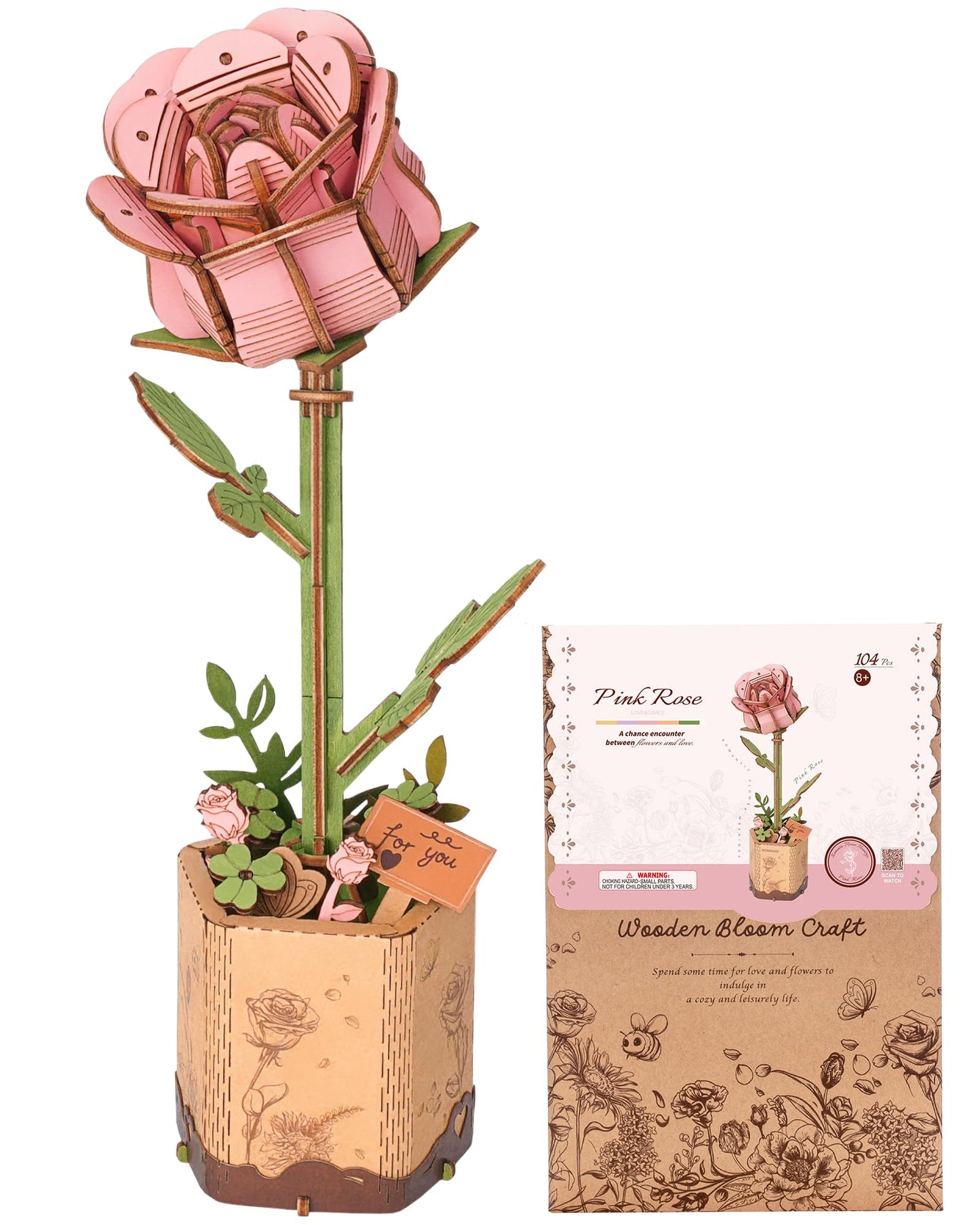 ROBOTIME 3D Wooden Flower, Pink Rose TW041 DIY Craft Kit for Adults, Artificial Floral Decor for Table, Centerpiece, Gift for Women