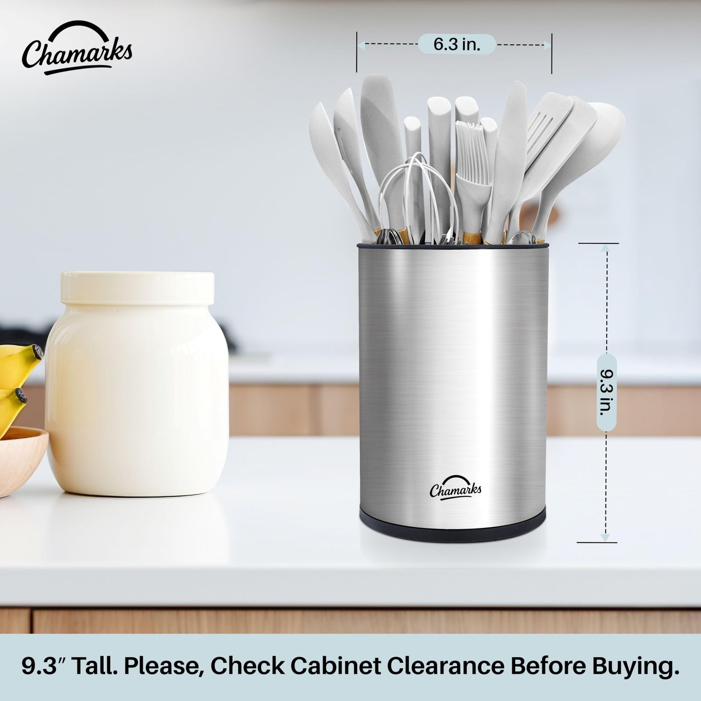 CHAMARKS 3-in-1 Kitchen Utensil Holder for Countertop with Knife Block and Silverware Caddy. (Silver)