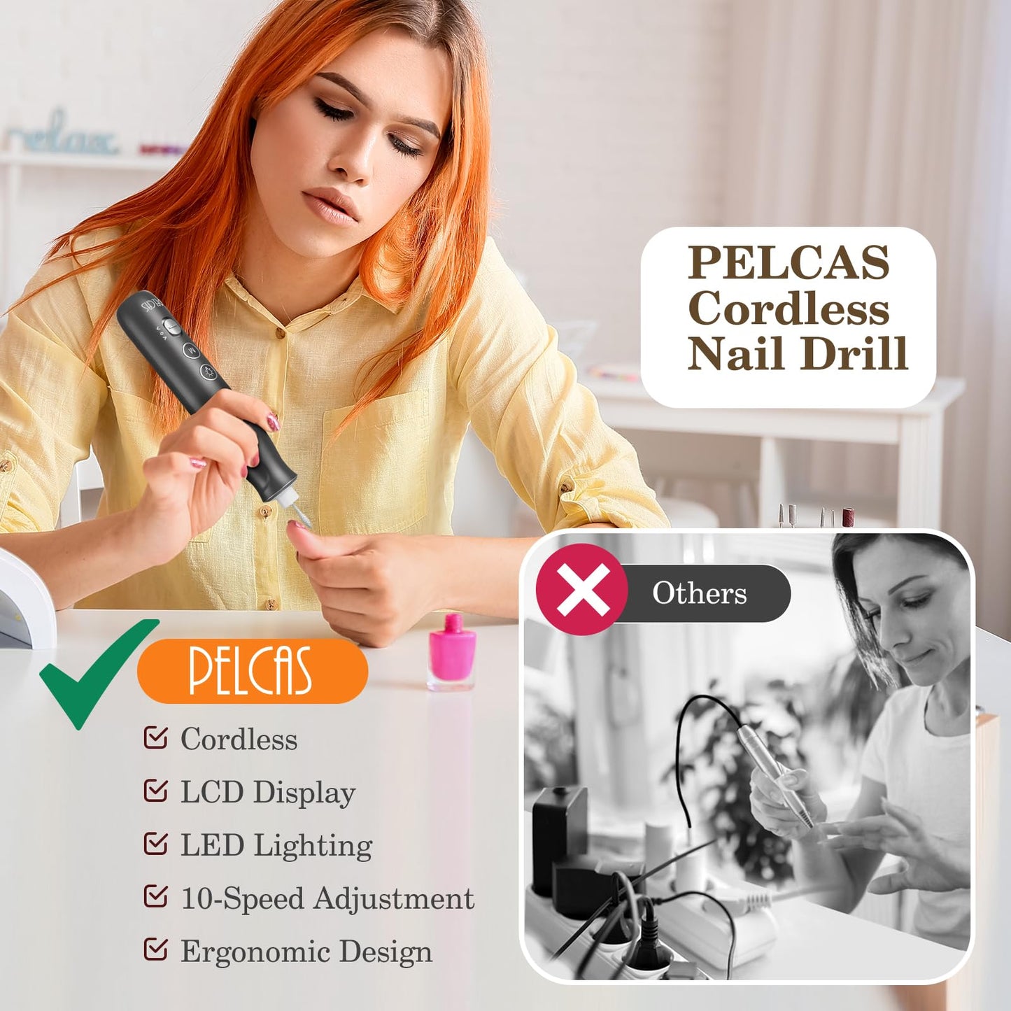 PELCAS Electric Nail Grinder, 10 Speeds Cordless Nail Drill with LED Light, Portable Manicure and Pedicure Kit, Nail File with LCD Screen for Human, Pet, Thick Toenails, Natural & Acrylic Nails Grey