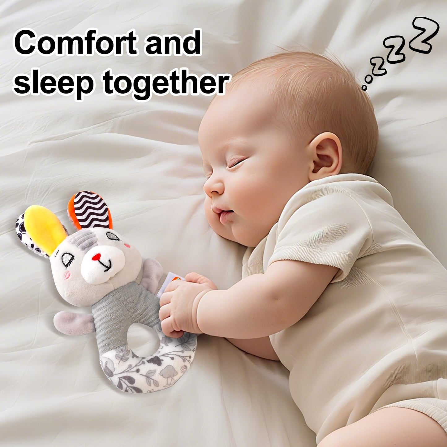Sensory Shaker Rattle for Babies 0-6 Months, Infant Developmental Toys with High Contrast Patterns, Soft Plush Rabbit & Textured Ring for Auditory Visual Tactile Learning