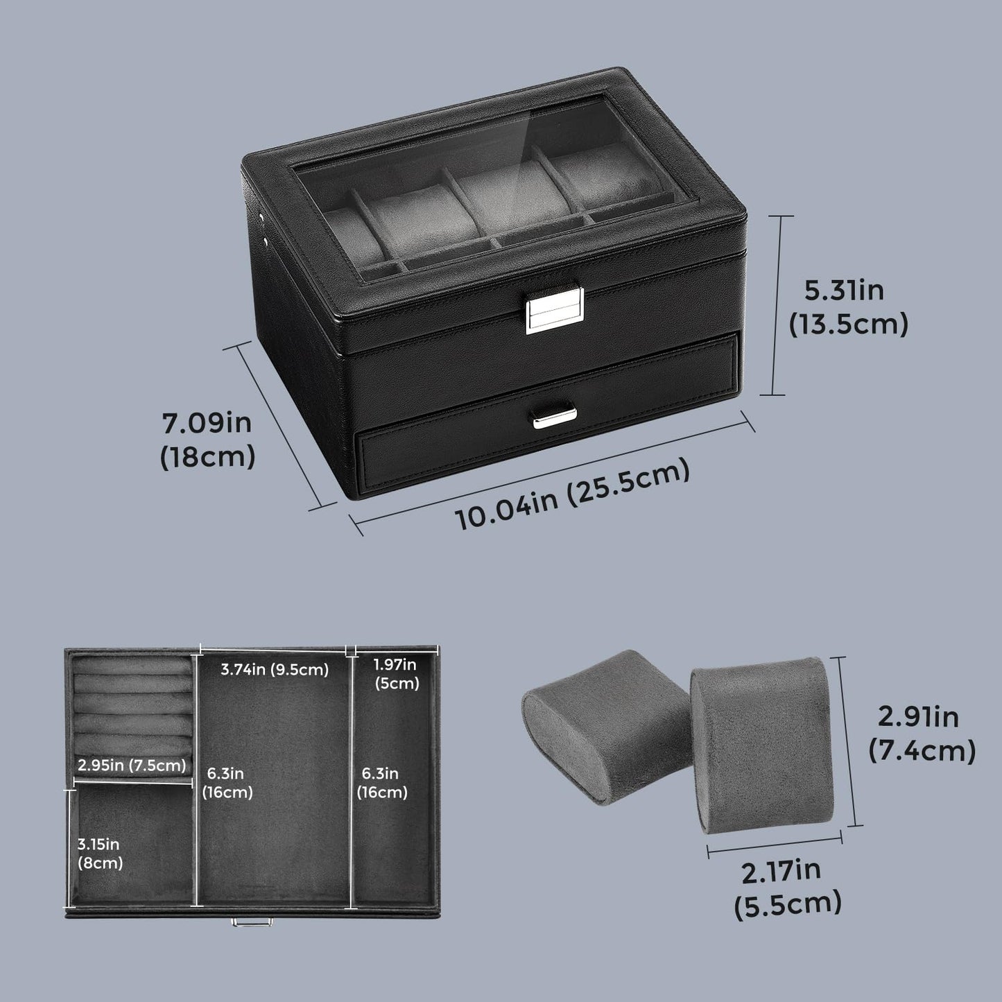 ProCase Watch Box for Men, Jewelry Organizer Box with Drawer, Display Storage Case with Glass Lid -Black, 8 Slot