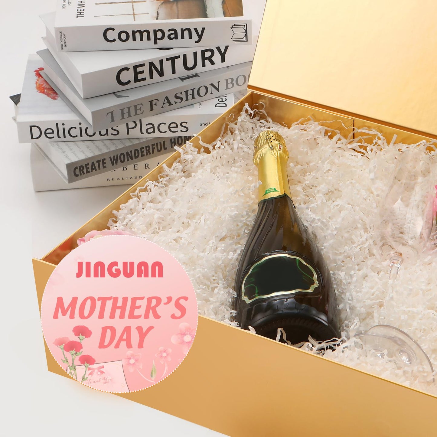 JINGUAN 5 Extra Large Gift Boxes with Lids, 16.3x14.2x5 Inches, Gold, Bridesmaid, Christmas Magnetic Gift Boxes for Clothes and Large Gifts