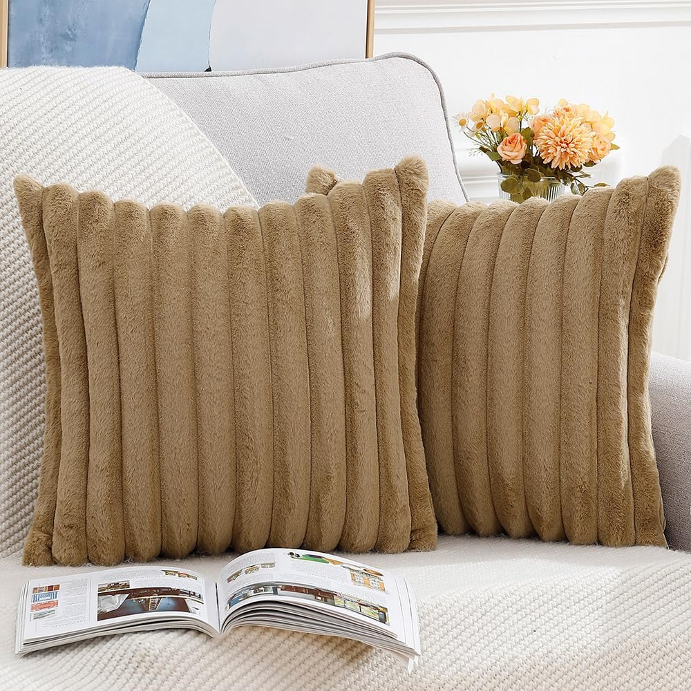 MADIZZ Set of 2 Faux Wool Plush Decorative Throw Pillow Covers 16x16 Inch Camel Fluffy Striped Soft Decorative Cushion Cover for Sofa Bedroom Pillow Shell
