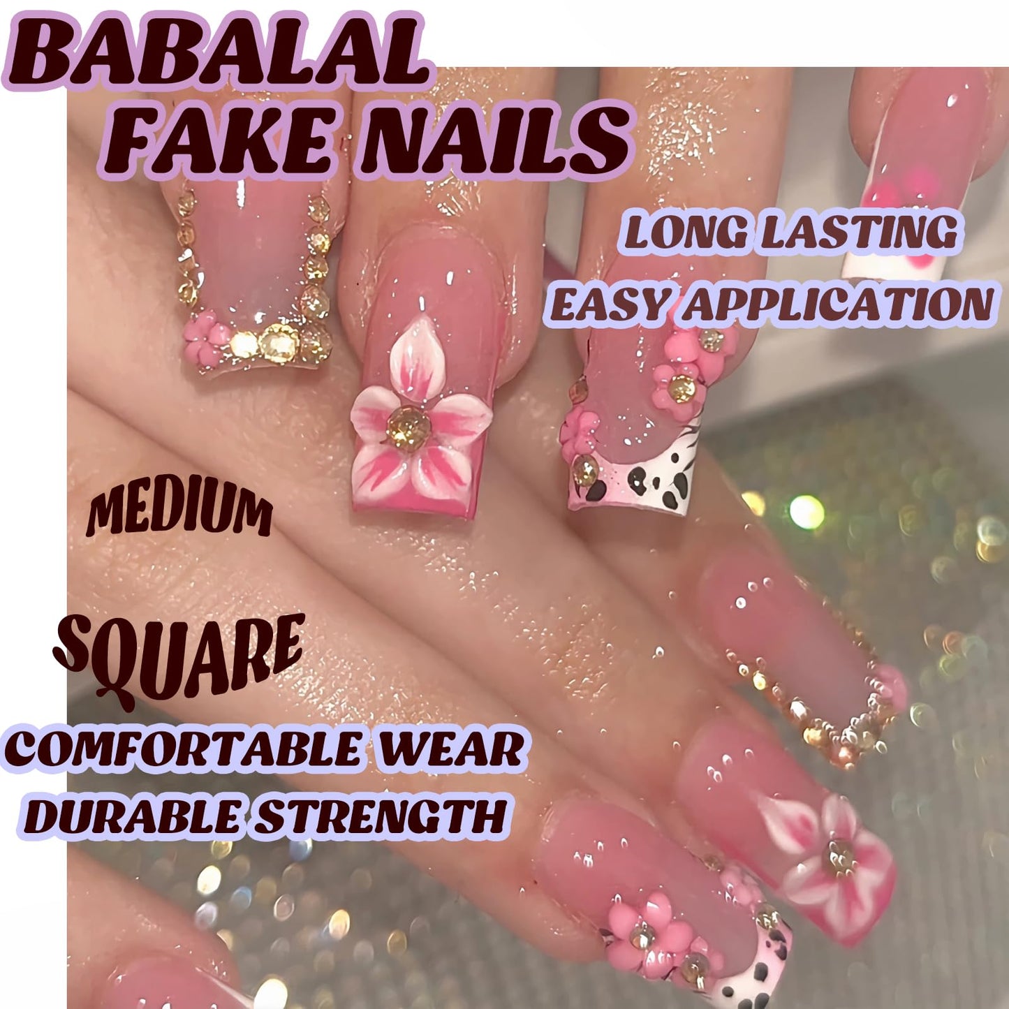 BABALAL Pink 3D Flower Press On Nails, Medium Long Square Fake Nails with Rhinestone & Cow Print, Glossy Acrylic Full Cover Stick On Nails for Women 24Pcs