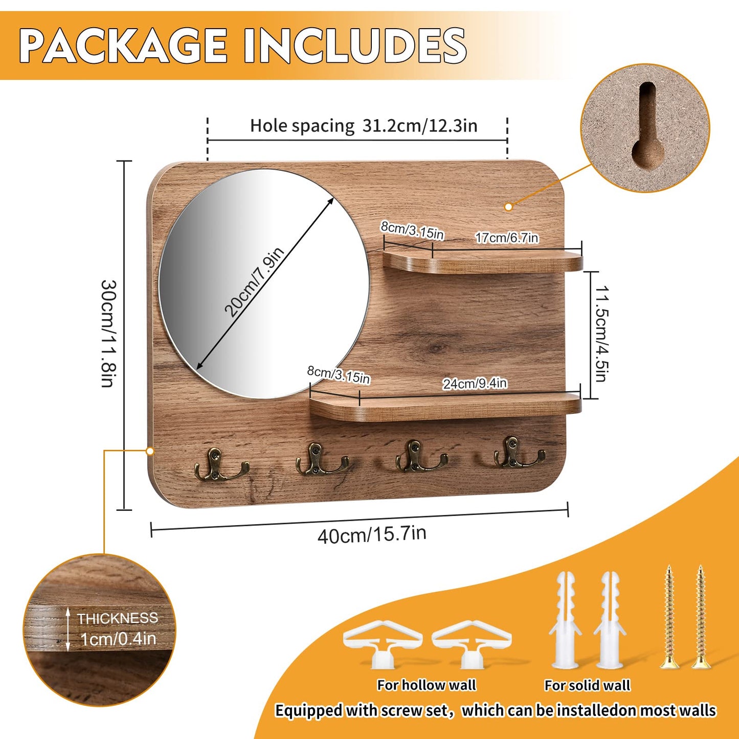 YeadCedle Wooden Key Rack with Mirror, Shelf and 4 Key Hooks for Rustic Entrances, Hallways, Living Rooms and Bedrooms - 16"x12" (Oak Color)