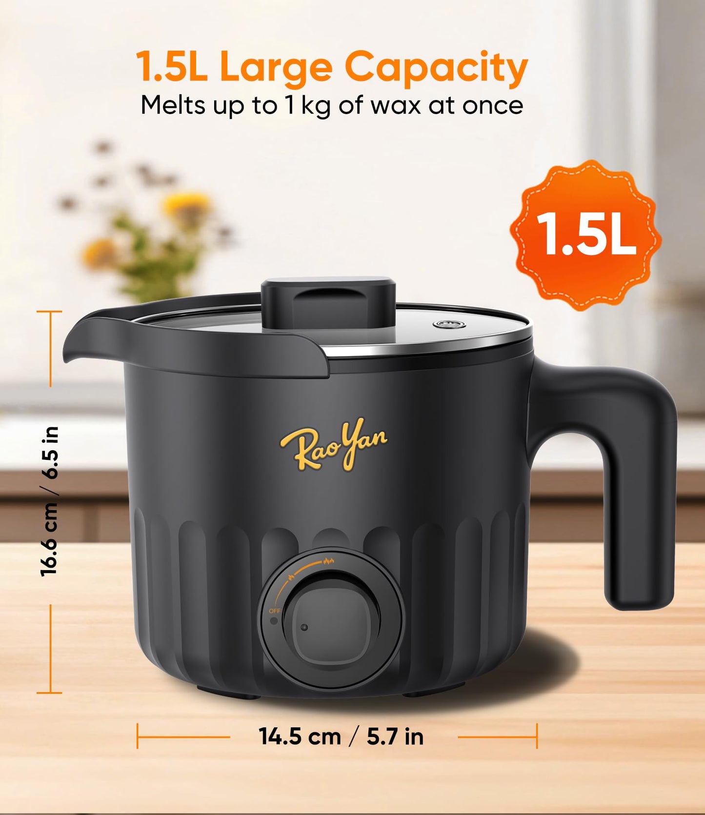 RAOYAN 1.5L Candle Wax Melter with Pour Spout, Candle Making Kit for Beginners and Adults, Wax Melting Pot for Candle Making with Stirring Spoon - Black