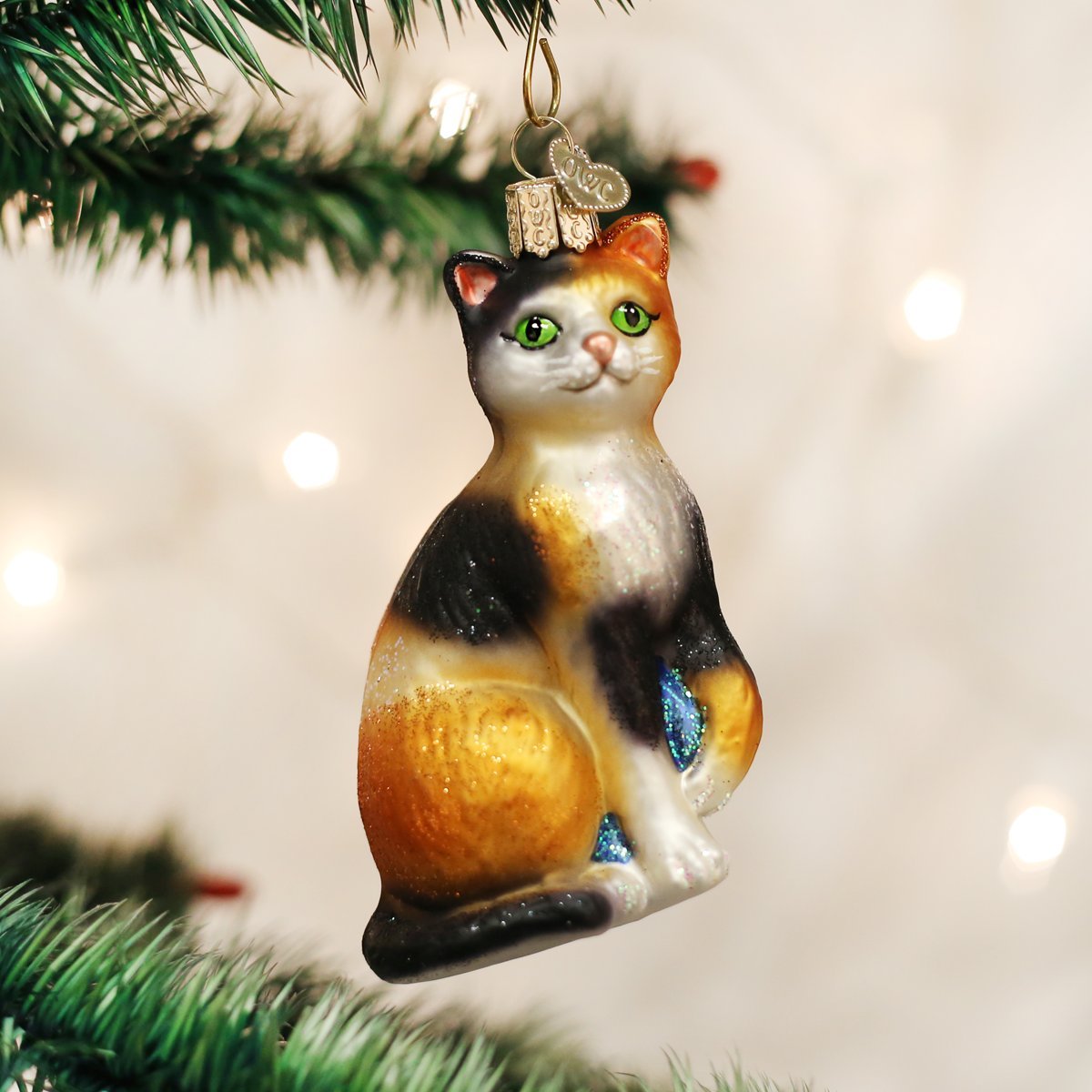 Old World Christmas Calico Cat Glass Blown Ornament for Christmas Tree, Handcrafted Holiday Decoration, Cat Collection