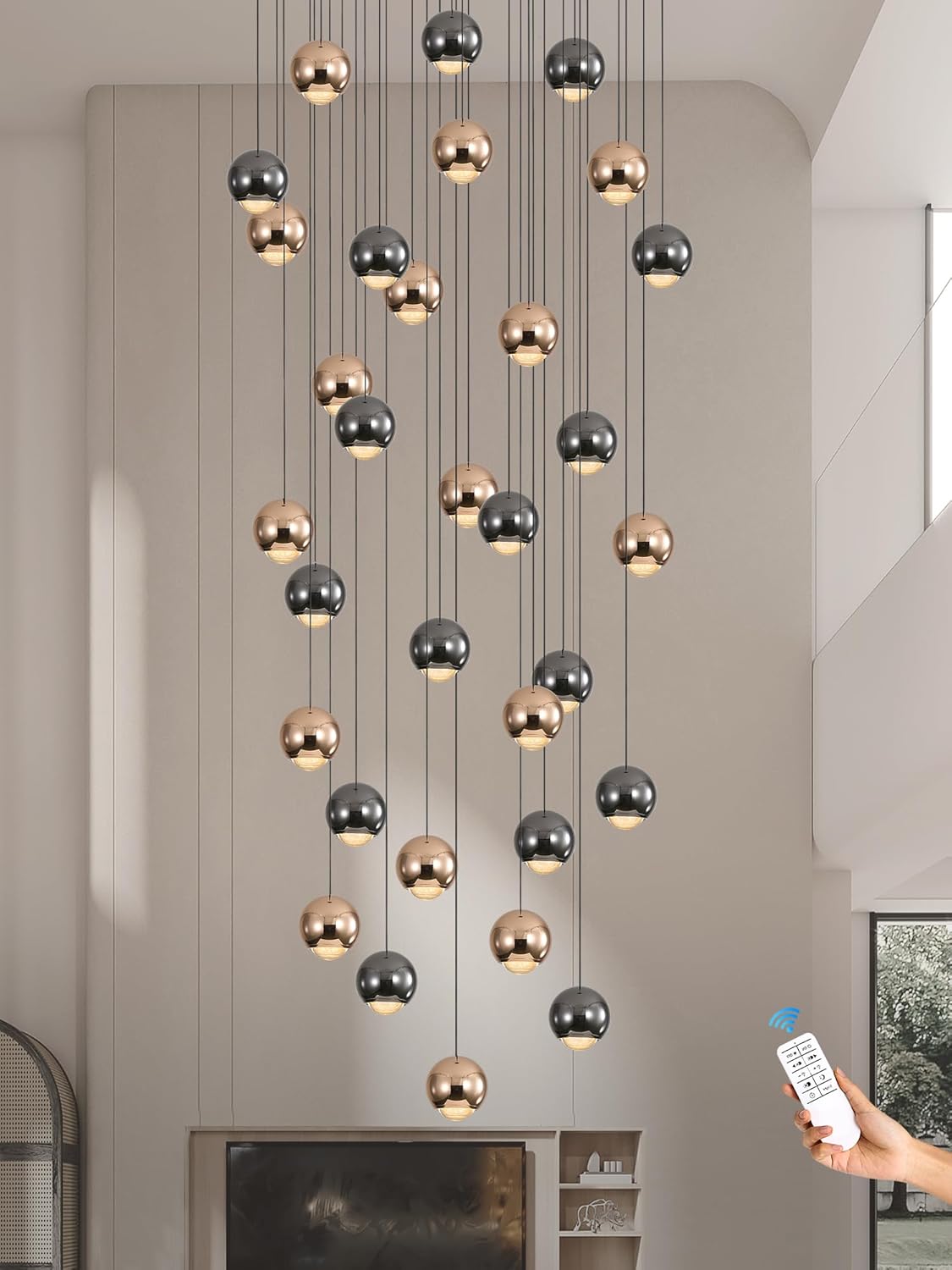 Farmhouse Crystal Chandelier, Luxury Hanging Lights High Ceiling Pendant Lighting for Foyer Staircase 32 Lights Black and Gold Dimmable 2700k-6000k