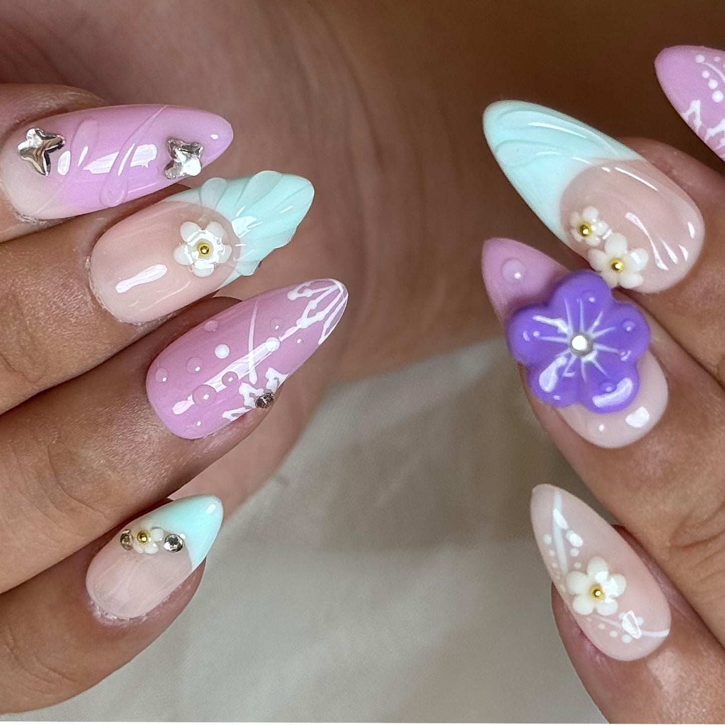 Handmade Press On Nails – Summer Medium Almond Pink Purple Gradient French Tip Fake Nails,with 3D Flower Rhinestones – Thick Acrylic & Multi-Layer Gel, Reusable Luxury False Nails（S)
