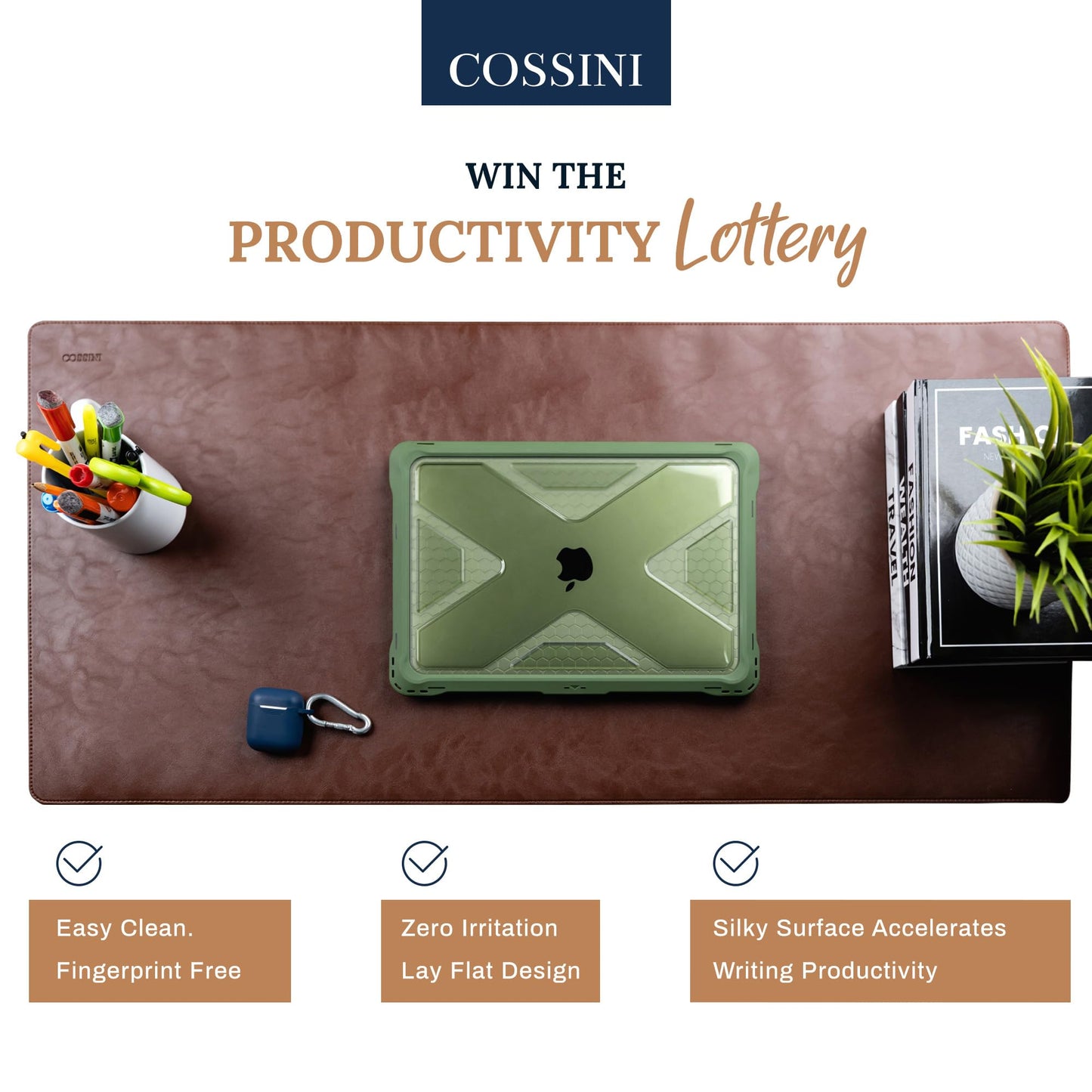 Cossini XL Desk Pad - Large Vegan Leather Desk Mat (17 x 36) - Buttery Smooth Writing, Damage Blocking, Non-Slip, Waterproof - Home Office Computer Desk Protector Blotter Laptop Keyboard Mouse Pad