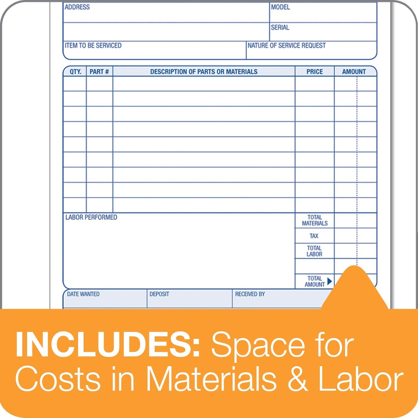 Adams Repair Order Book, 3-Part Carbonless, White/White/White, 5-9/16 x 8-7/16 Inches, 50 Sets (T5084)